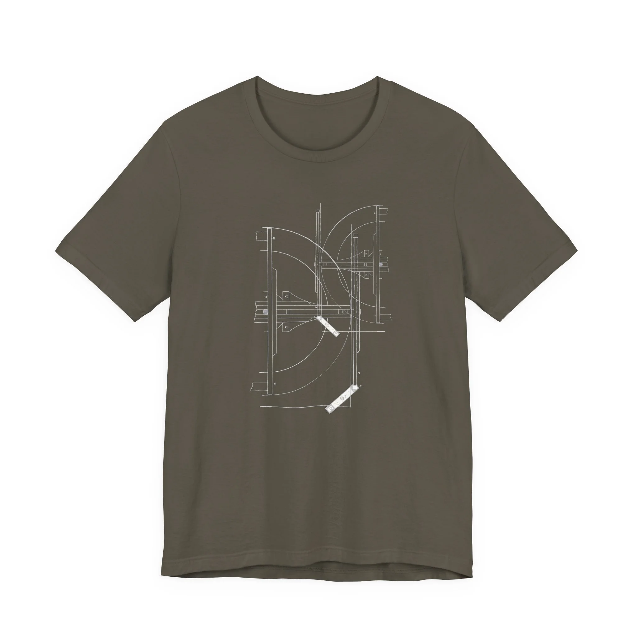 Army green t-shirt with geometric technical drawing graphic design