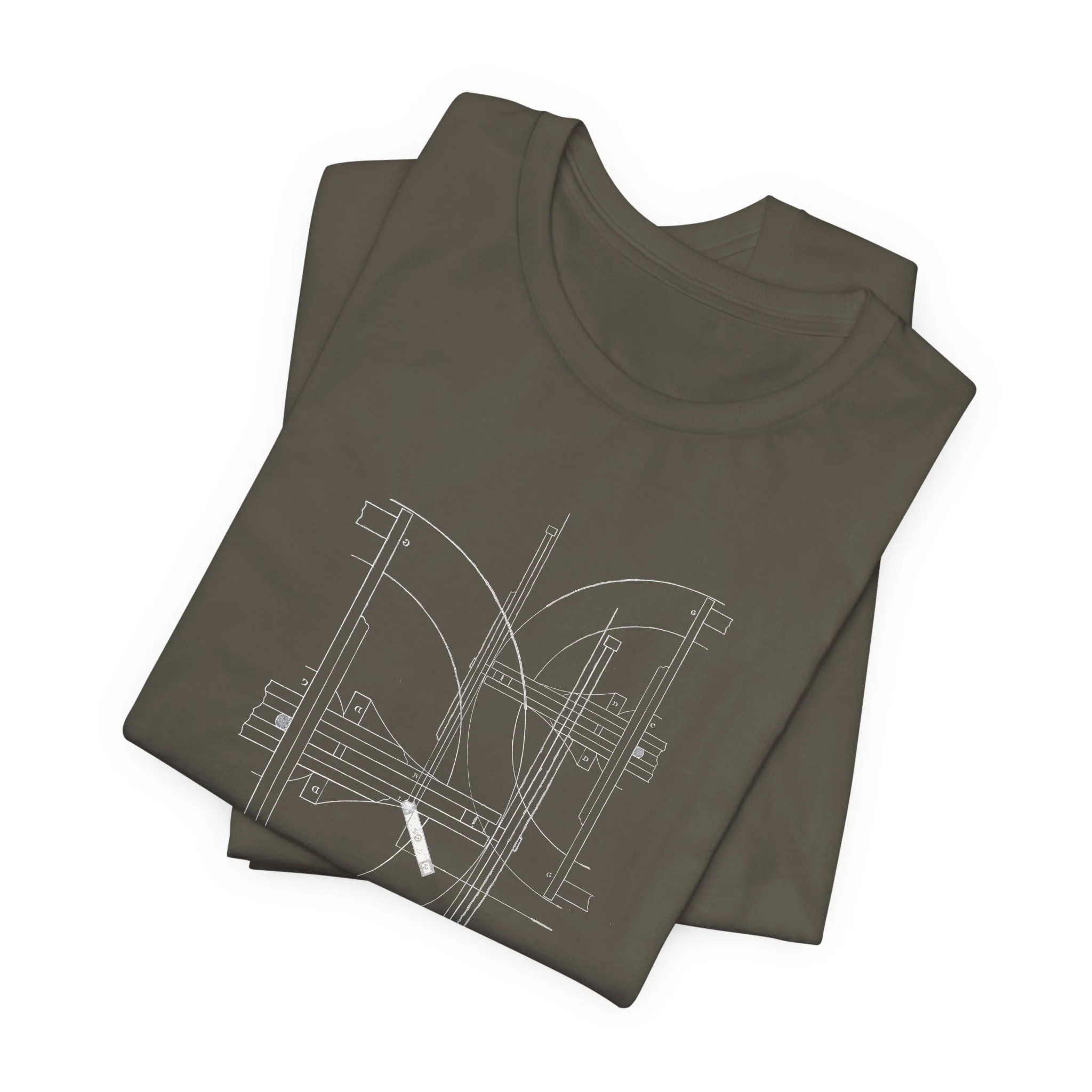 Army green t-shirt with geometric technical drawing graphic design