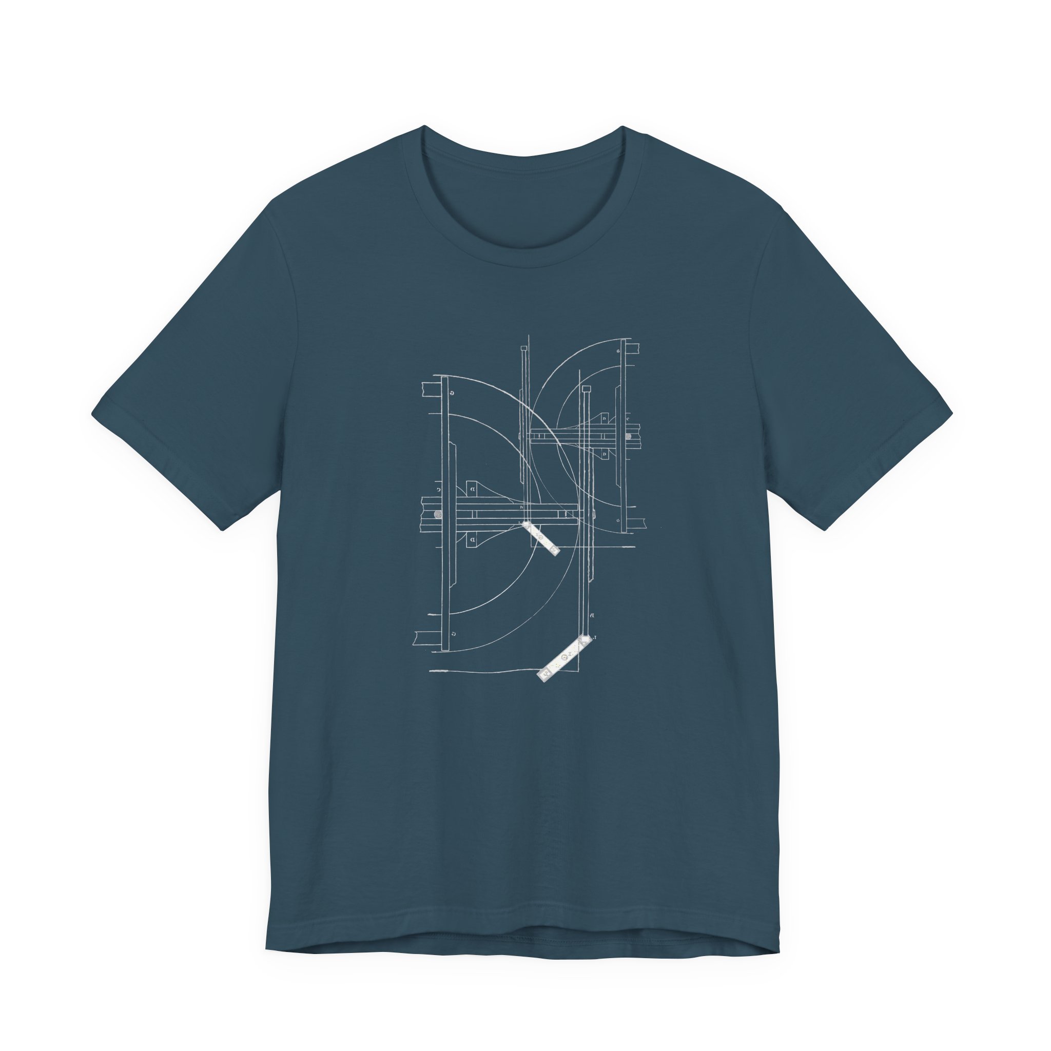 Deep teal t-shirt featuring white structural blueprint line artwork