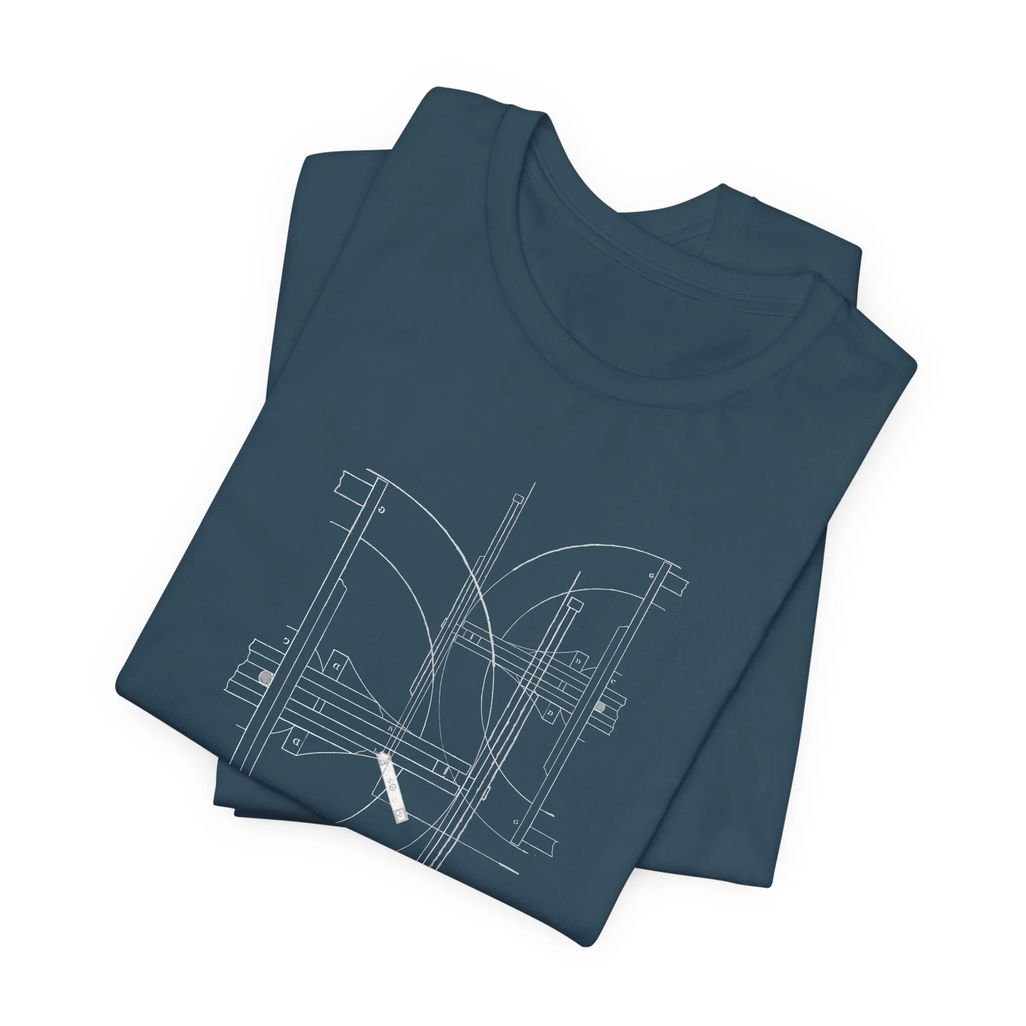 Deep teal t-shirt featuring white structural blueprint line artwork