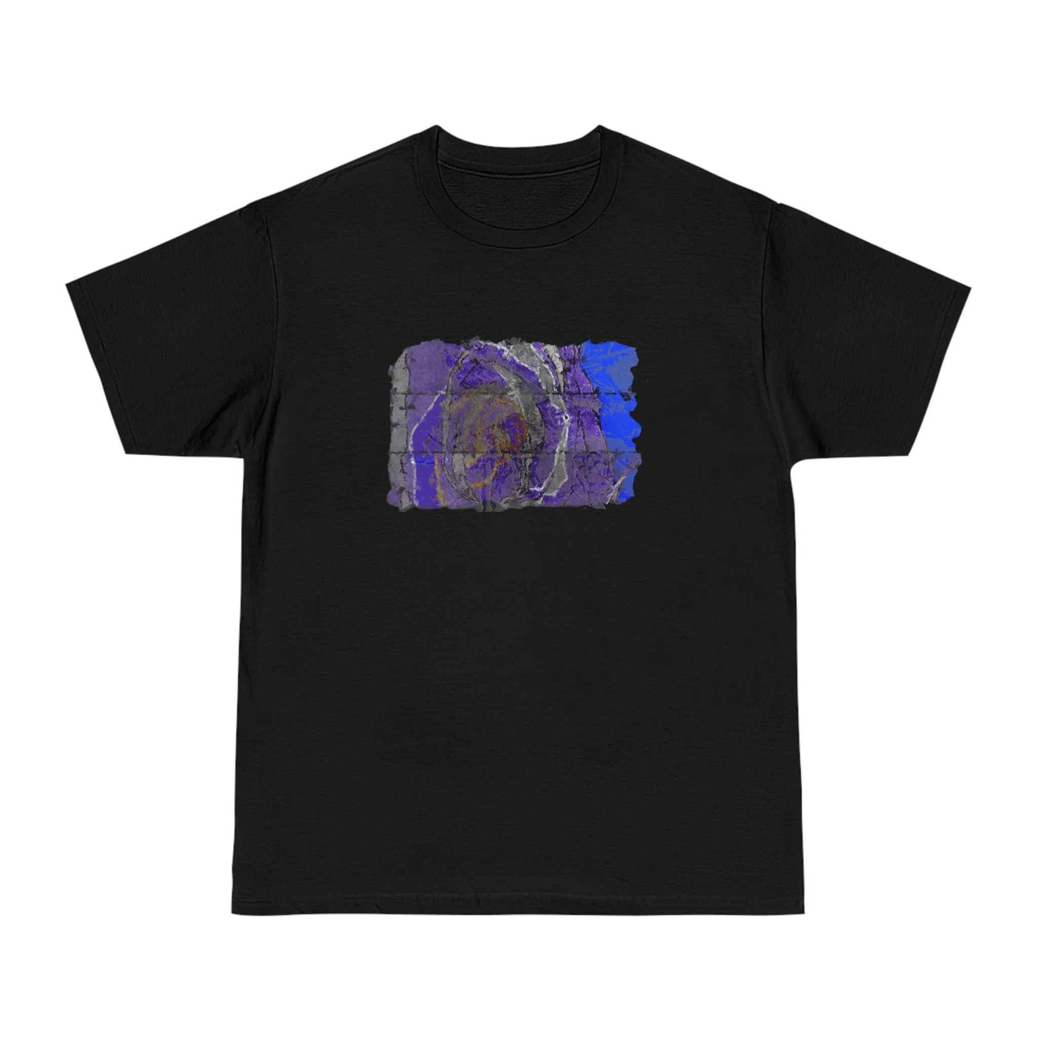 black t-shirt of vivid shades of purple, blue, gold, and charcoal abstract art