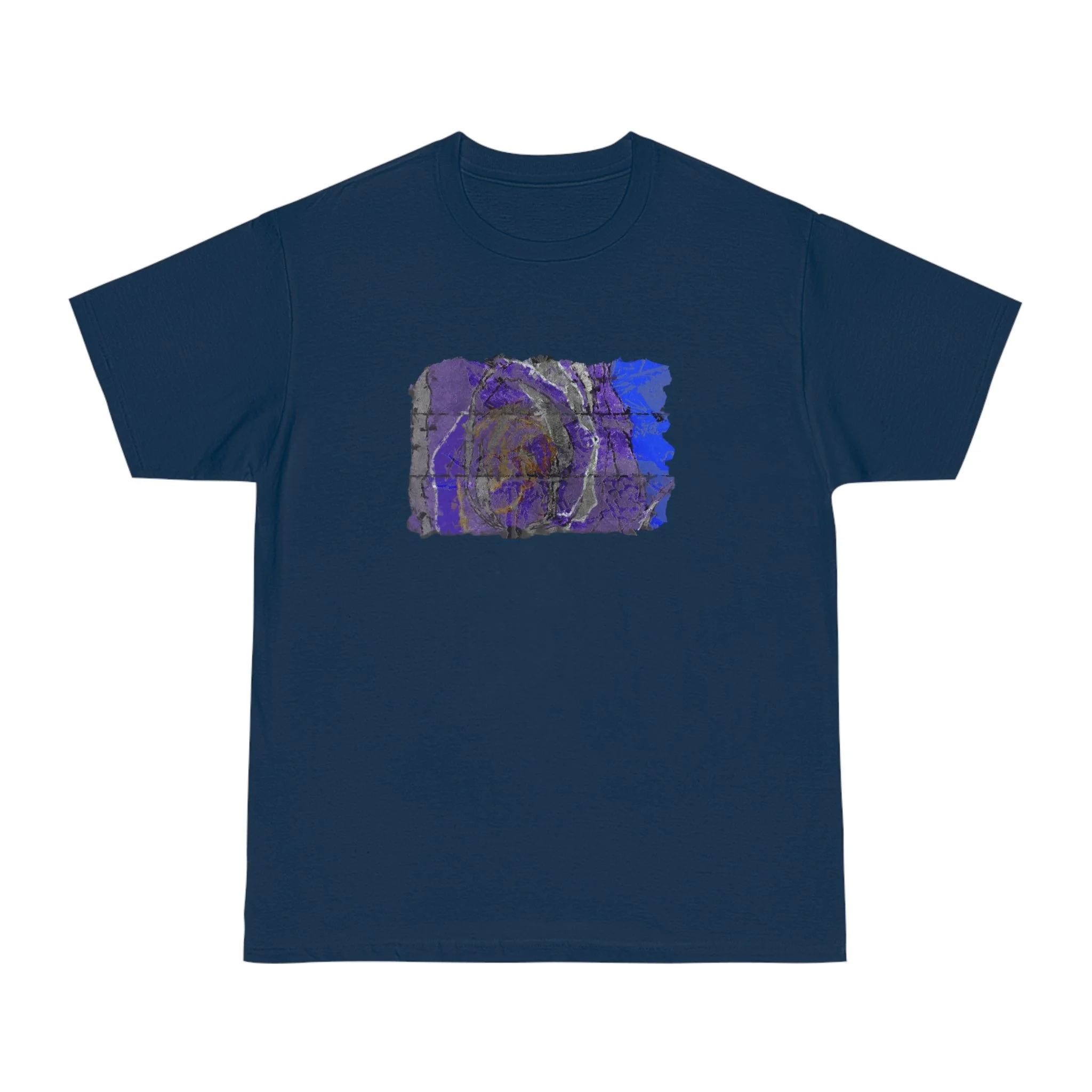 navy t-shirt of vivid shades of purple, blue, gold, and charcoal abstract art
