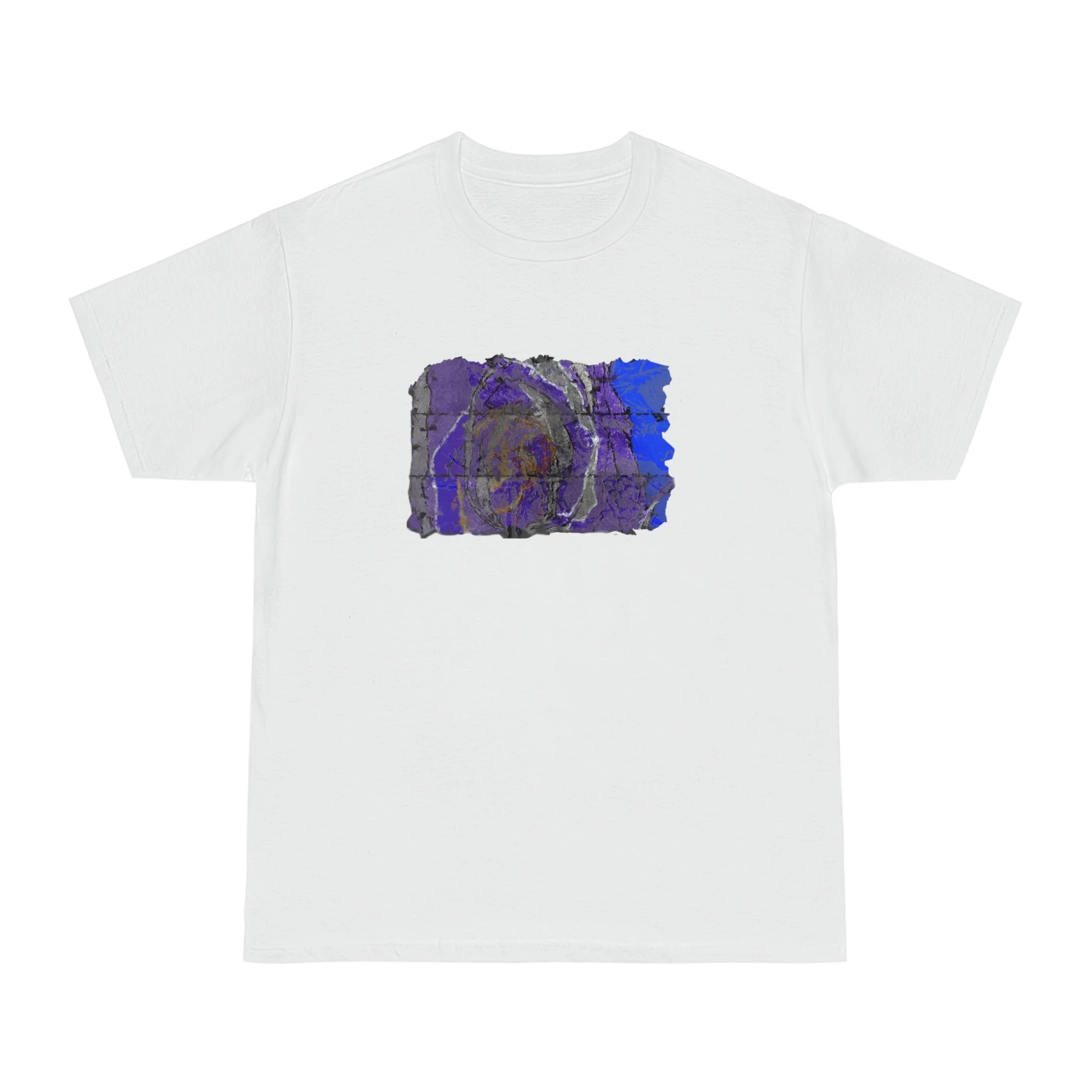 white t-shirt of vivid shades of purple, blue, gold, and charcoal abstract art