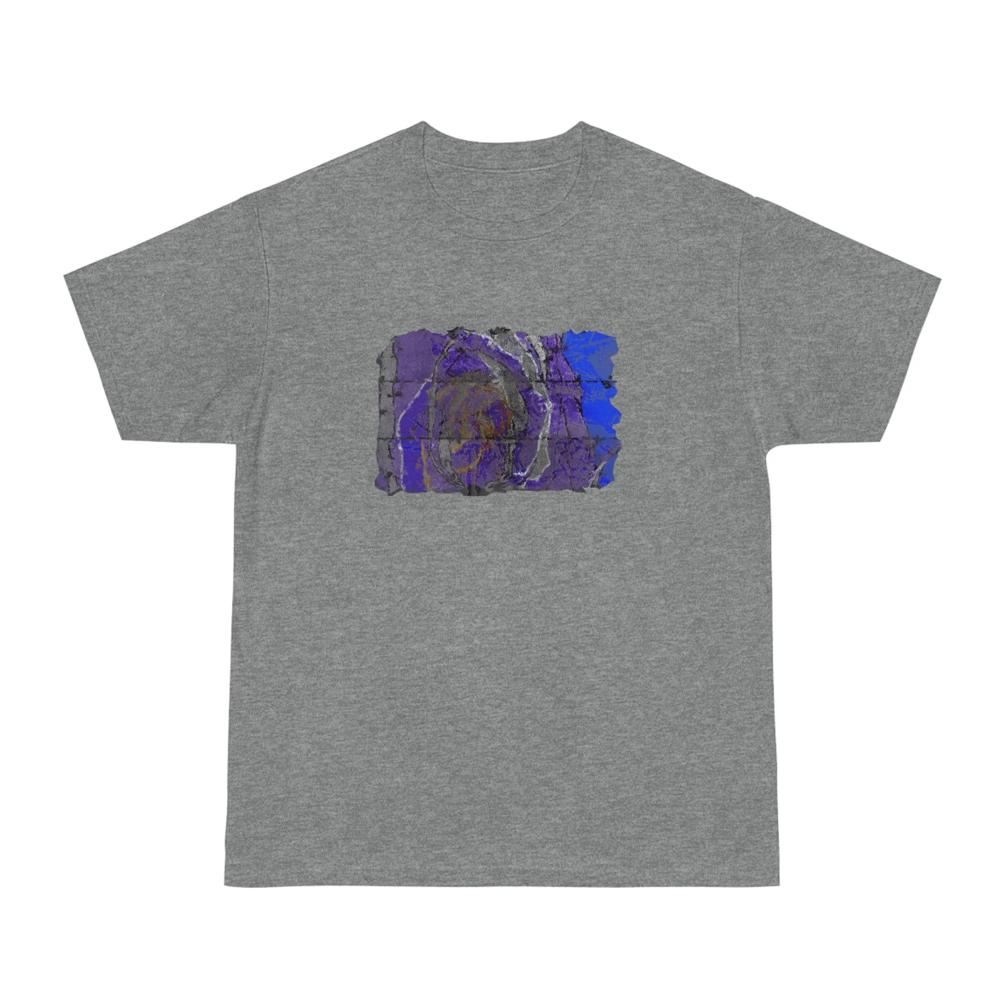 grey t-shirt of vivid shades of purple, blue, gold, and charcoal abstract art