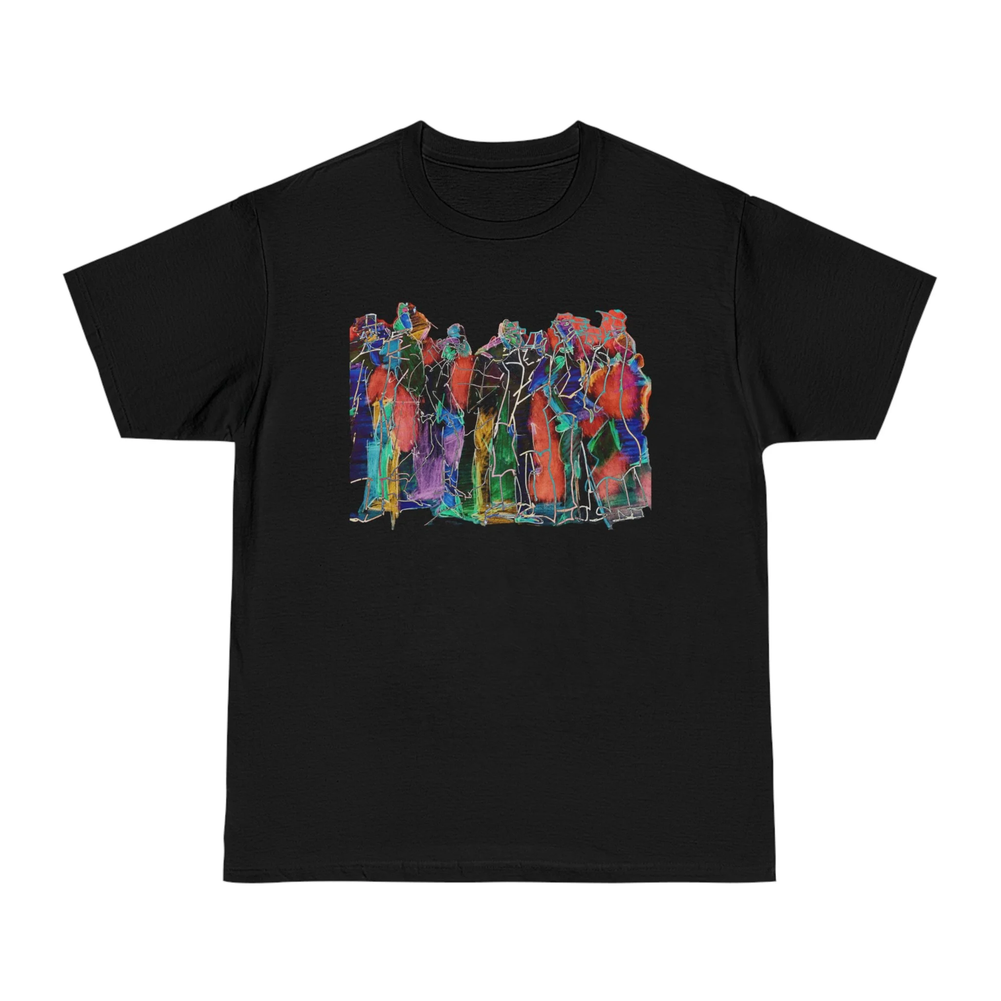 multicolor abstract black t-shirt