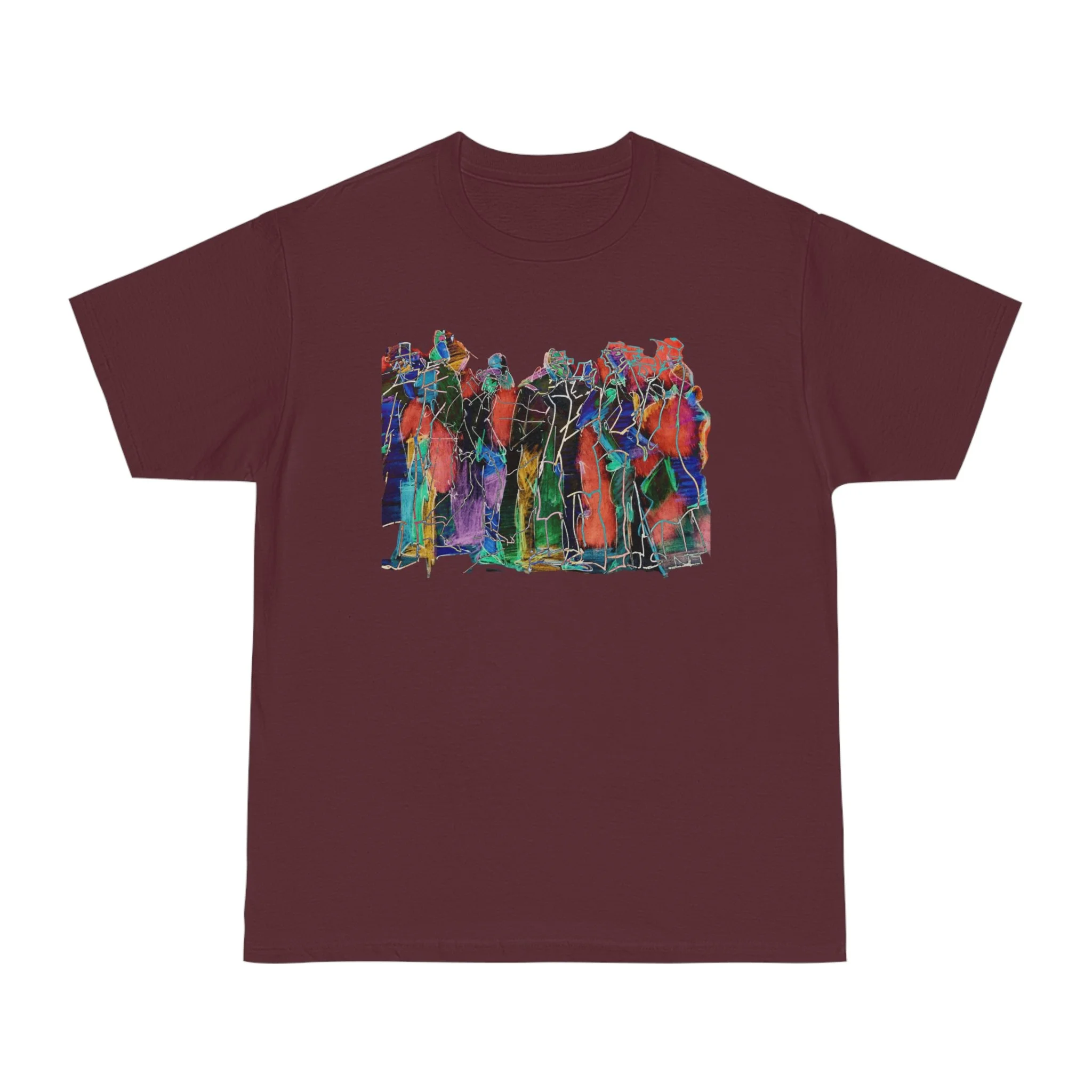 multicolor abstract maroon t-shirt