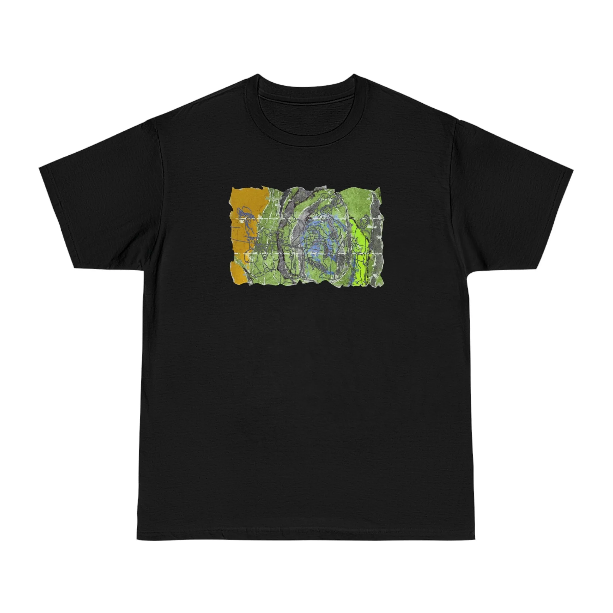 green abstract art on black t-shirt