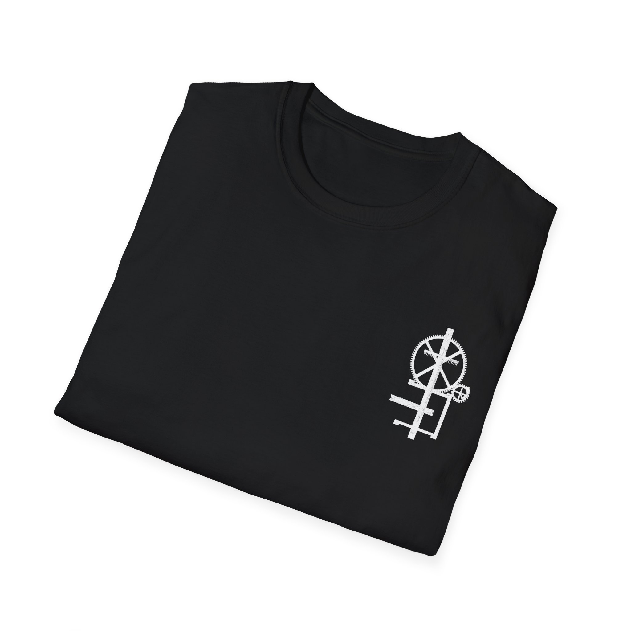 Black crew neck t-shirt with a minimal white graphic on the chest. The graphic appears to be a mechanical engineering symbol design.