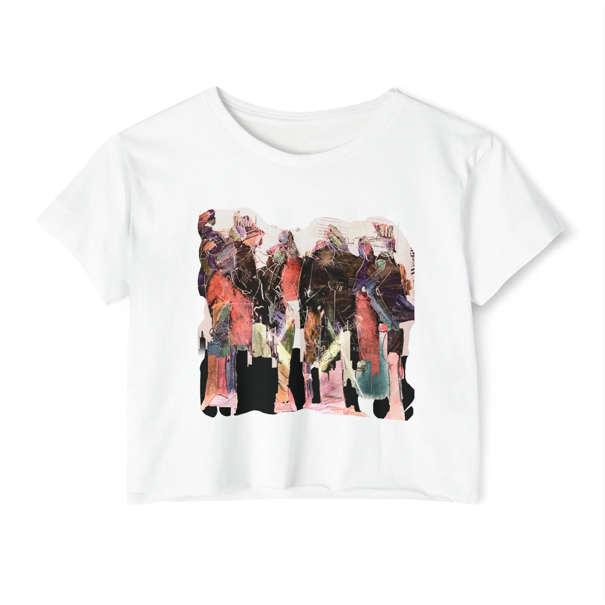 White t-shirt featuring abstract figurative urban crowd artwork with layered city textures and painterly design.