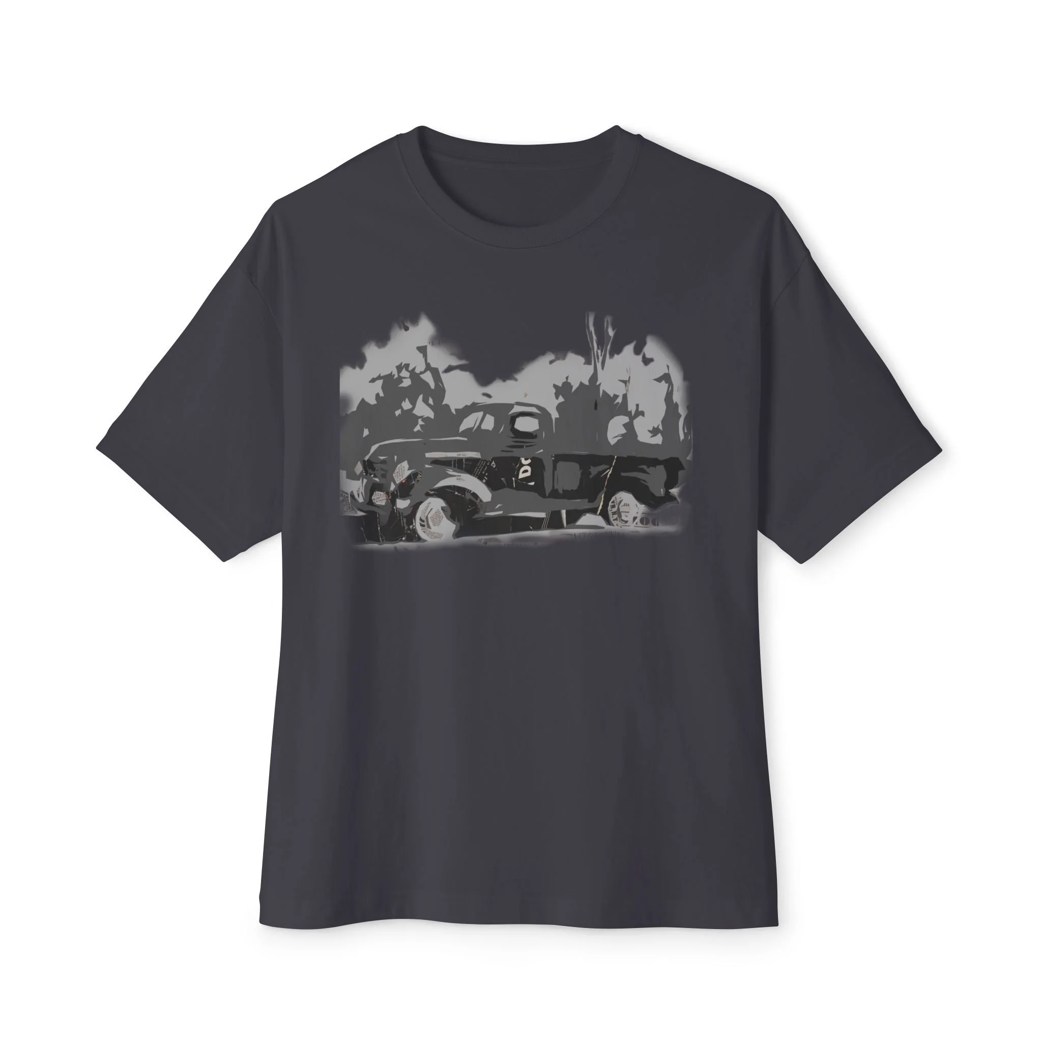 Vintage car graphic t-shirt featuring monochrome classic automobile illustration on dark grey shirts.