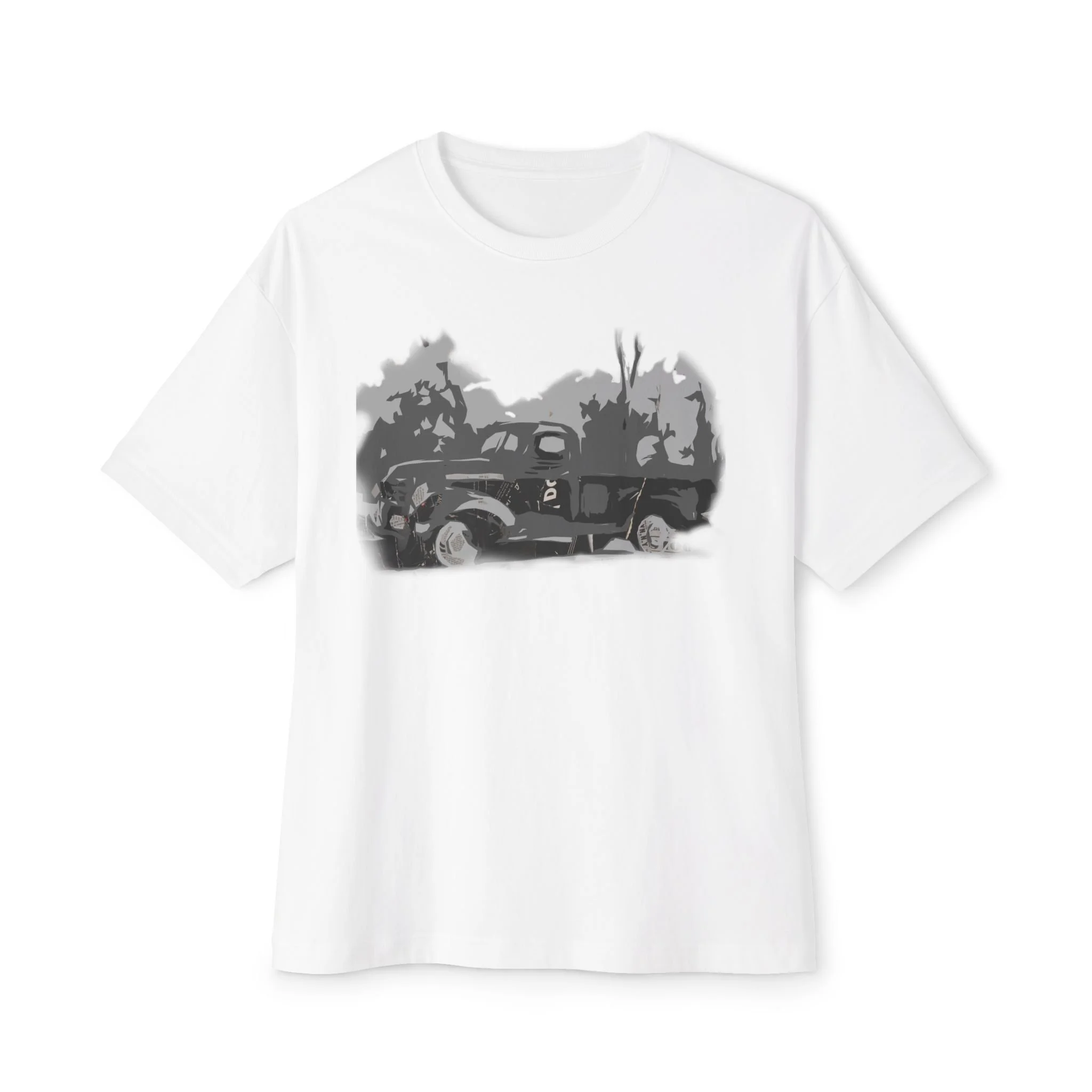 Vintage car graphic t-shirt featuring monochrome classic automobile illustration on white shirts.