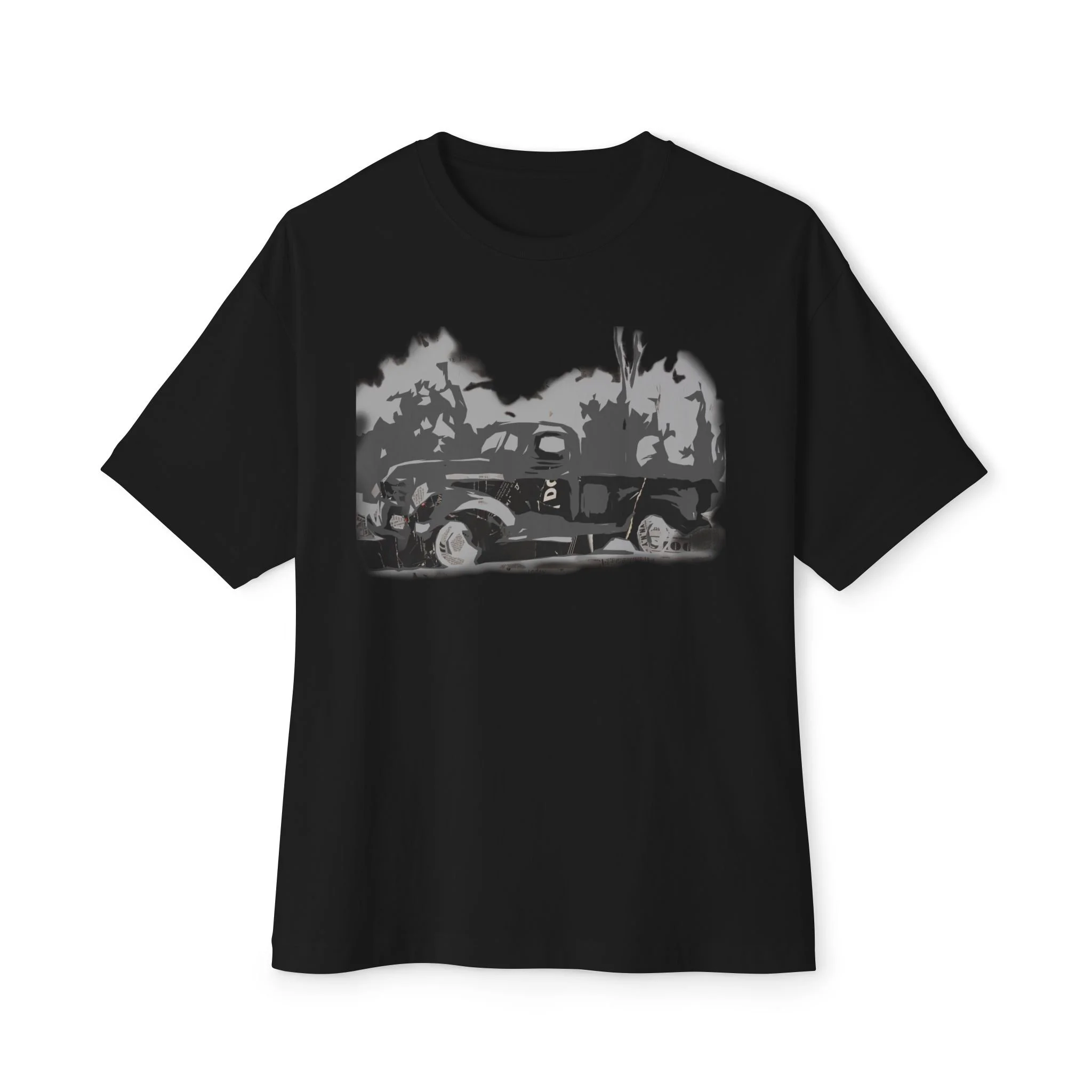 Vintage car graphic t-shirt featuring monochrome classic automobile illustration on black shirts.