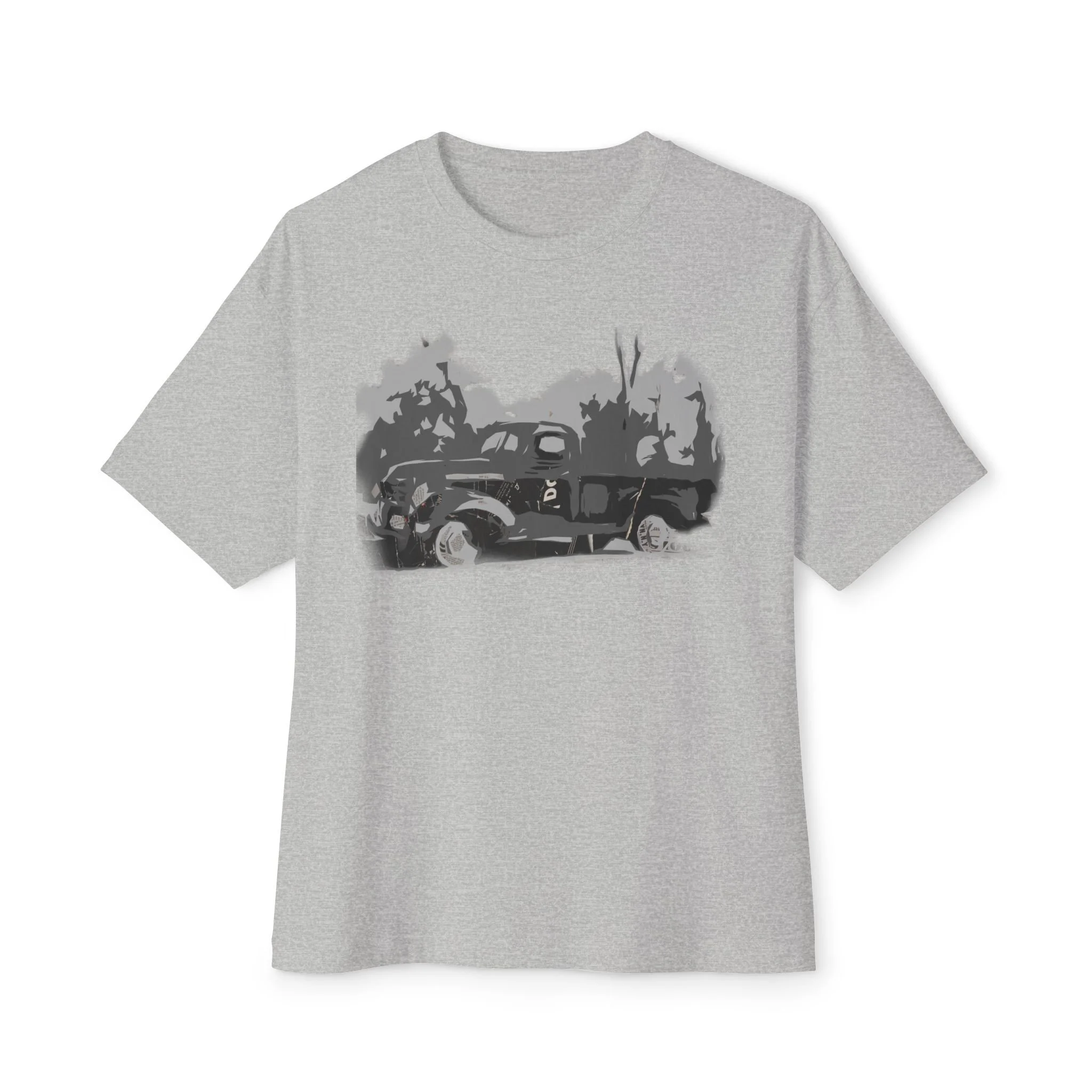 Vintage car graphic t-shirt featuring monochrome classic automobile illustration on grey shirts.