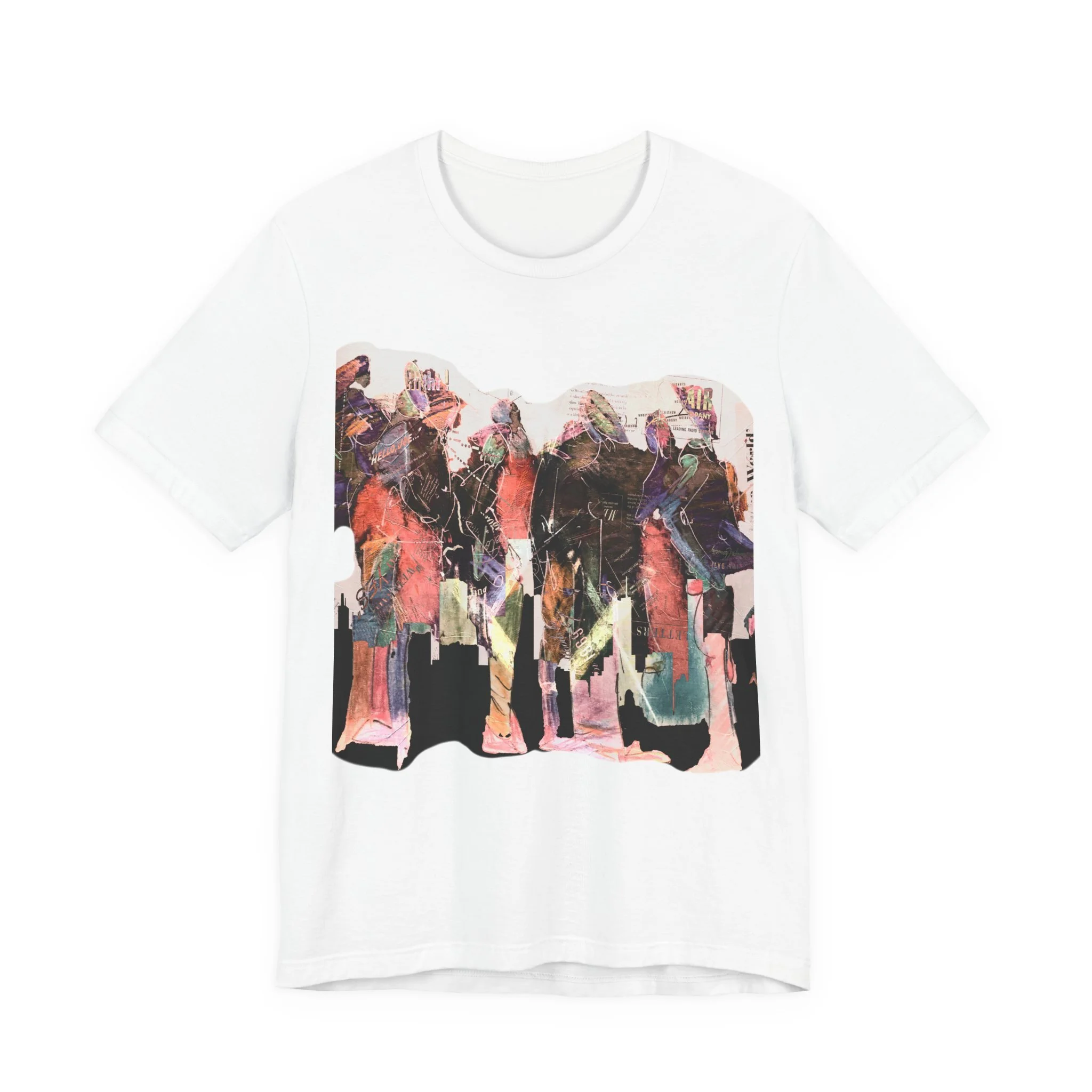 White t-shirt featuring abstract figurative urban crowd artwork with layered city textures and painterly design.