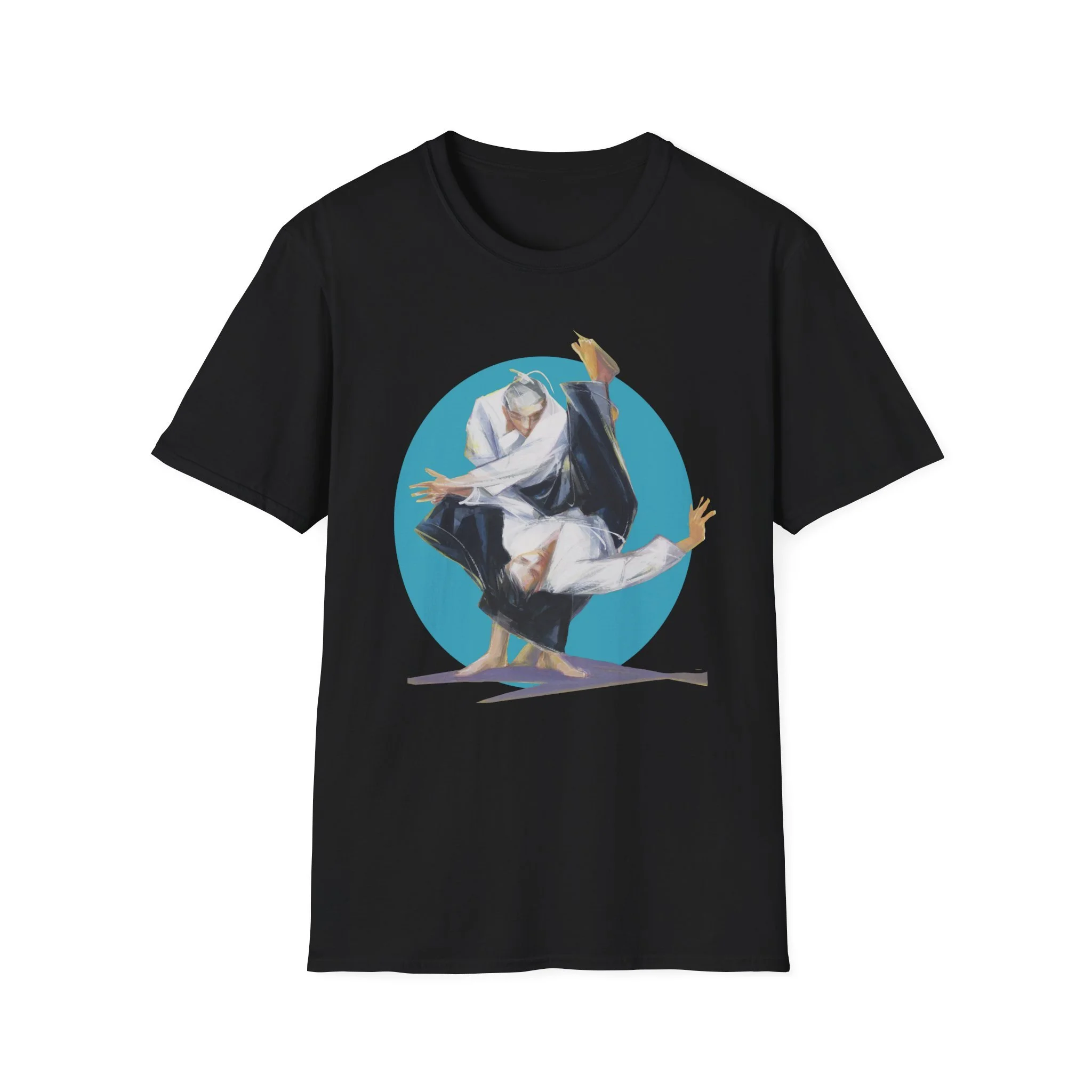 figurative martial art image framed by a bold circular backdrop on black t-shirt