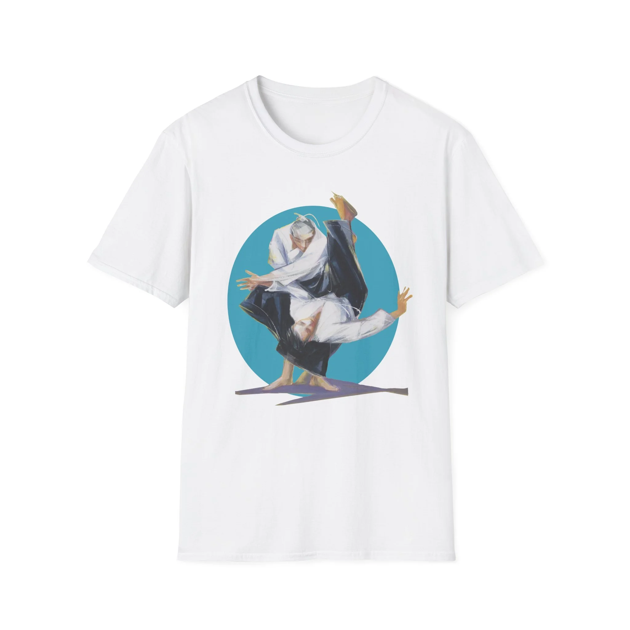 figurative martial art image framed by a bold circular backdrop on white t-shirt
