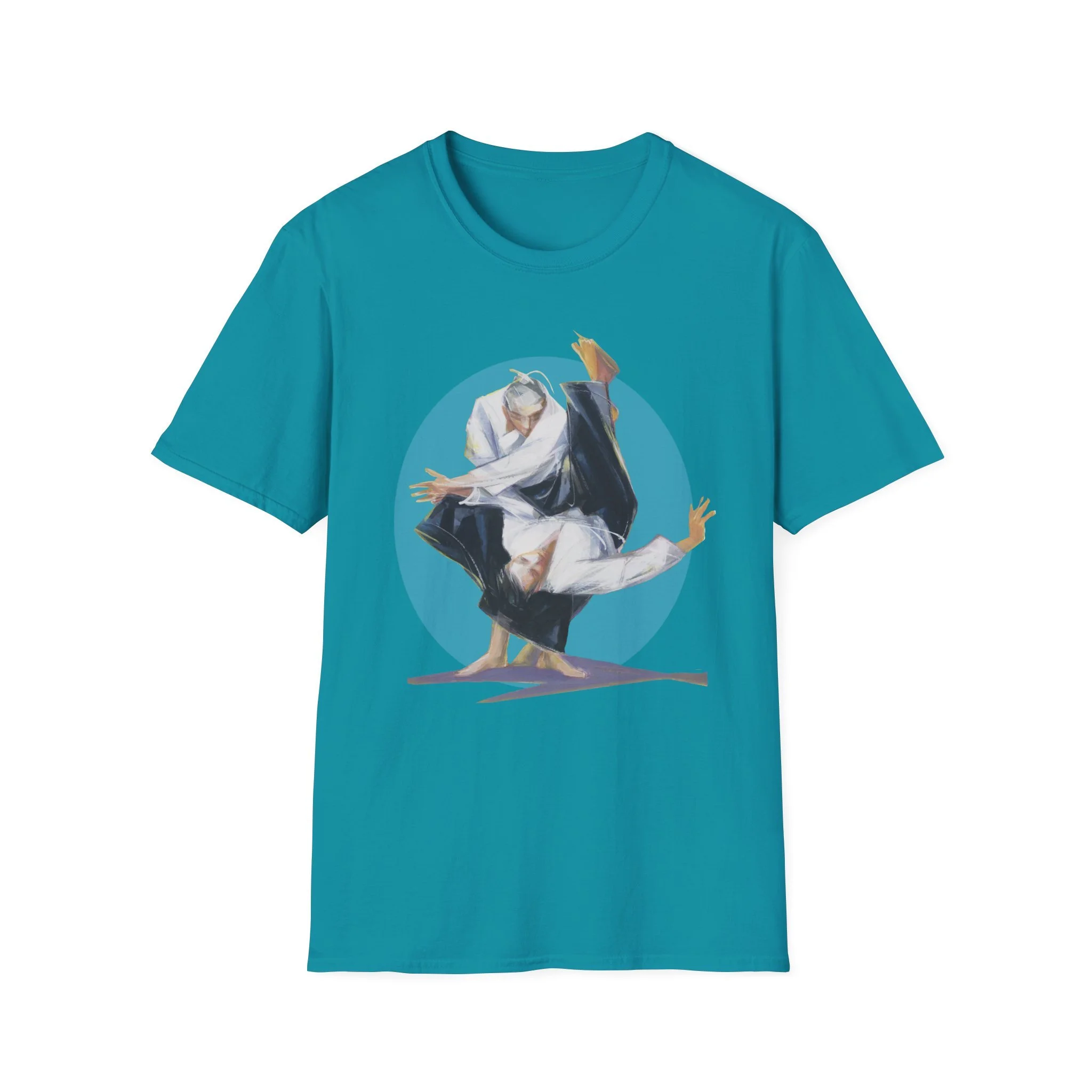 figurative martial art image framed by a bold circular backdrop on tropical blue t-shirt