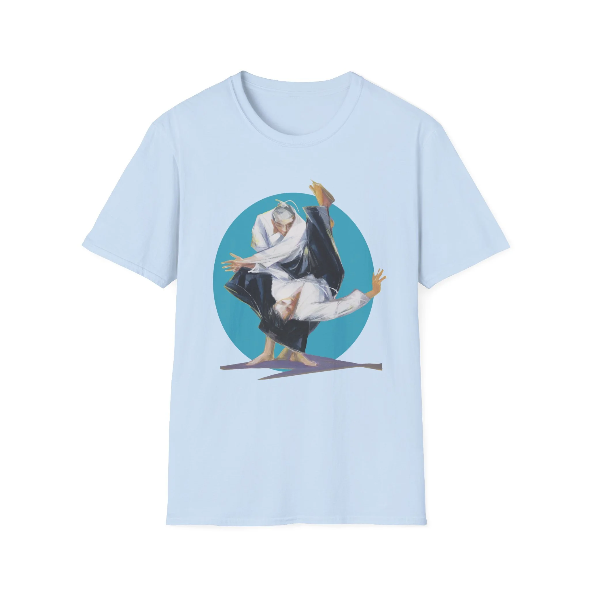 figurative martial art image framed by a bold circular backdrop on light blue t-shirt