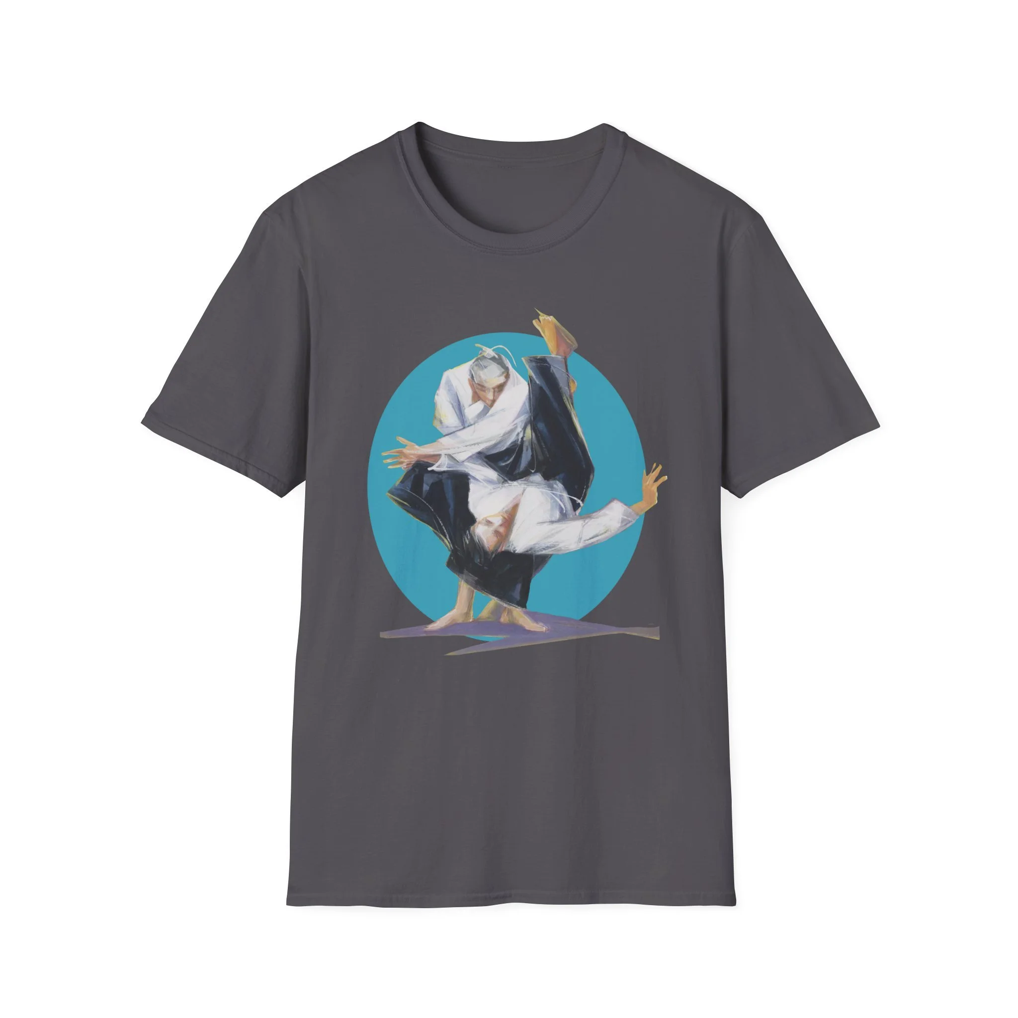 figurative martial art image framed by a bold circular backdrop on charcoal t-shirt