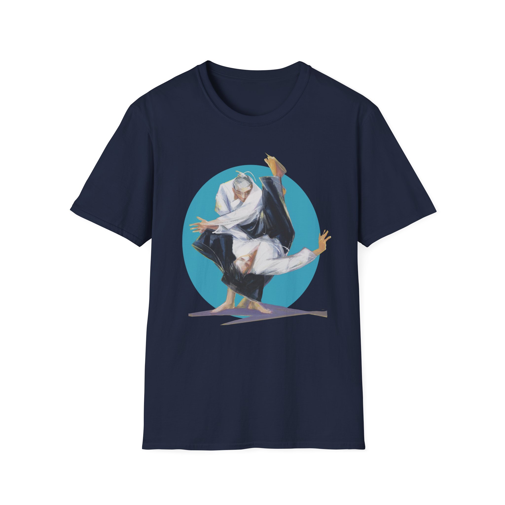 figurative martial art image framed by a bold circular backdrop on navy t-shirt