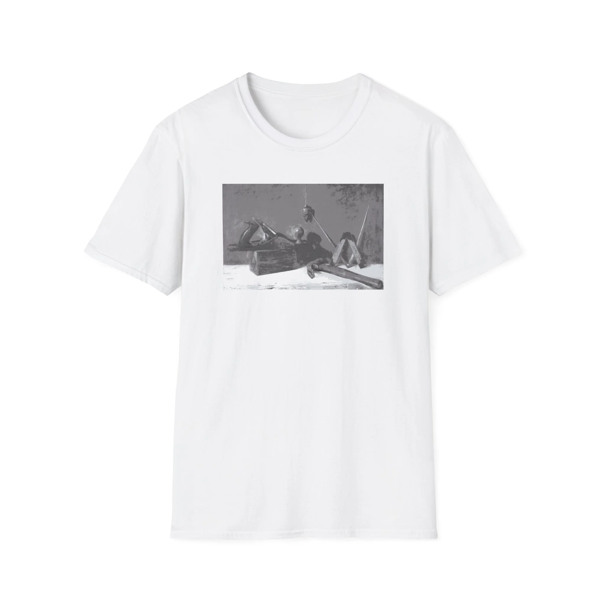 Minimalist black and white still life carpenter tools graphic printed on premium t-shirt in white