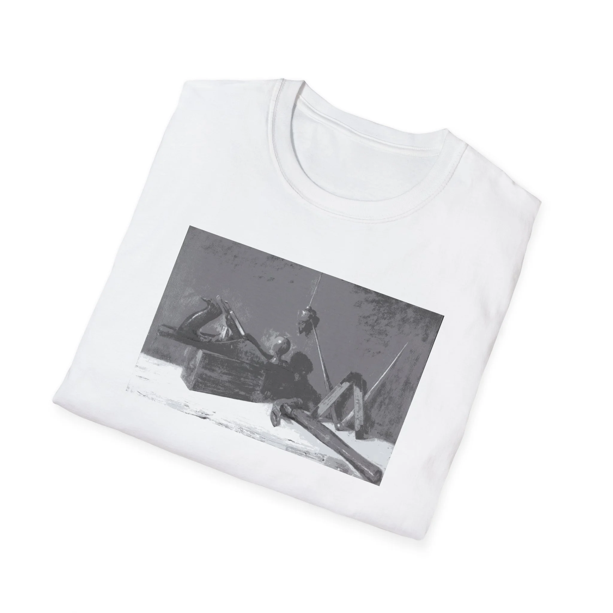 Minimalist black and white still life carpenter tools graphic printed on premium t-shirt in white