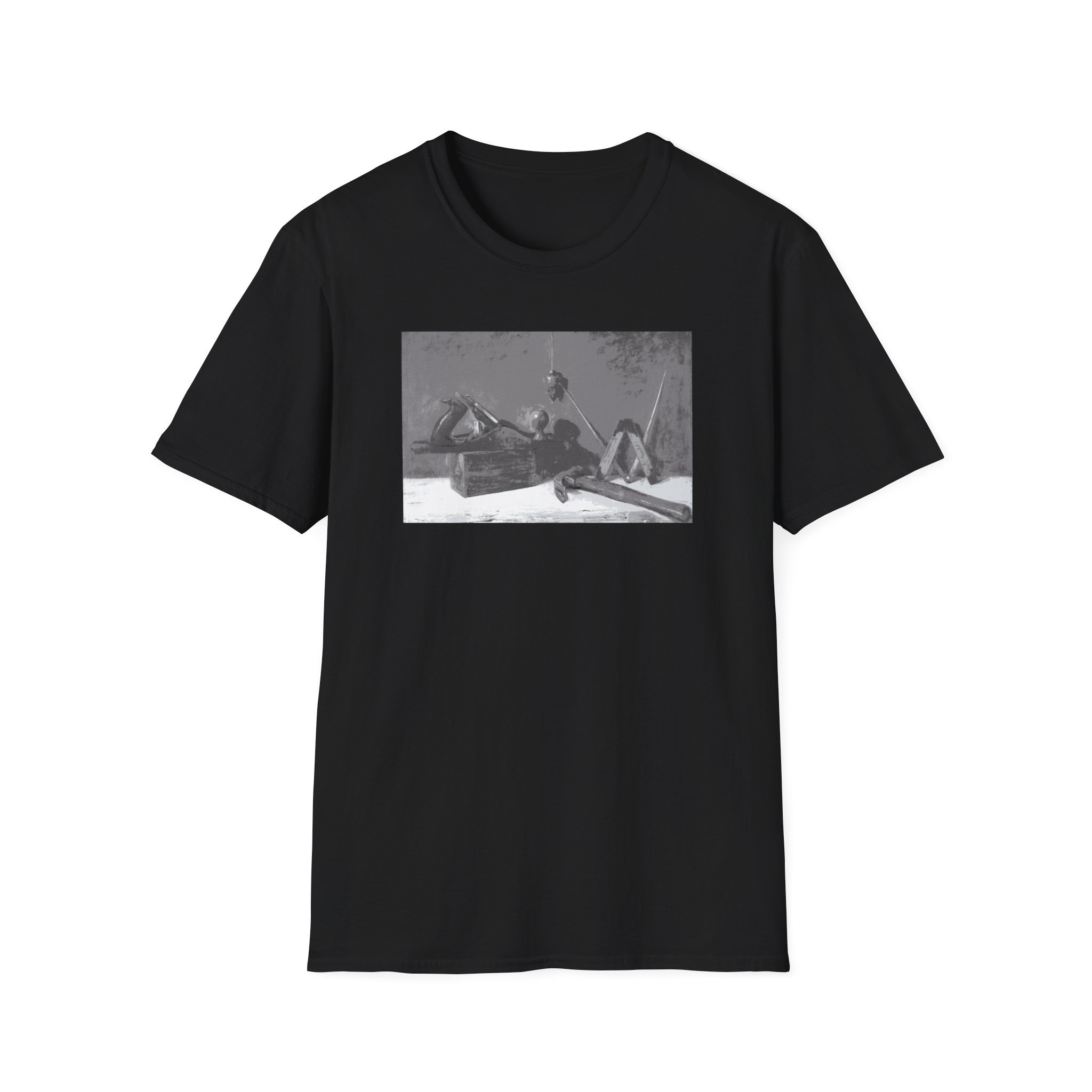 monochrome workbench tool still life graphic black tee front view
