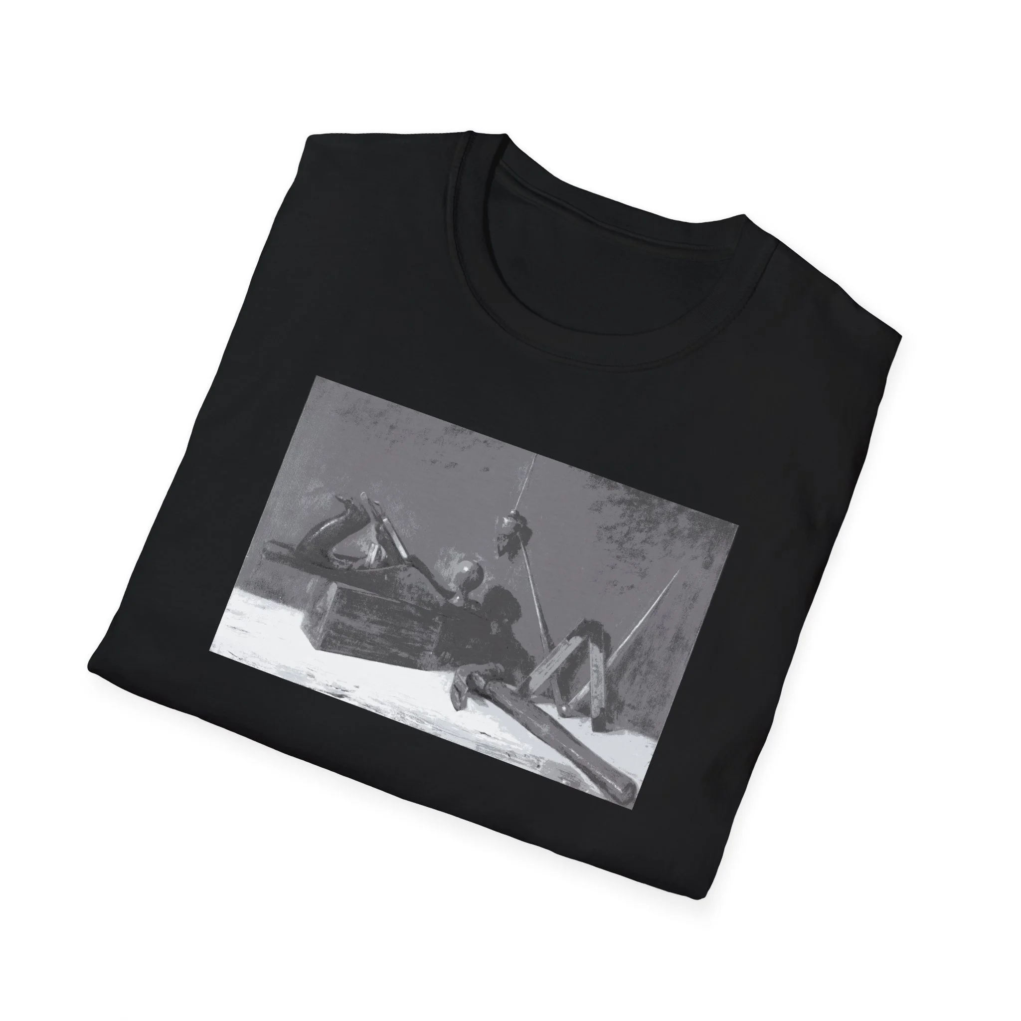 Folded monochrome workbench tool still life graphic black tee front view