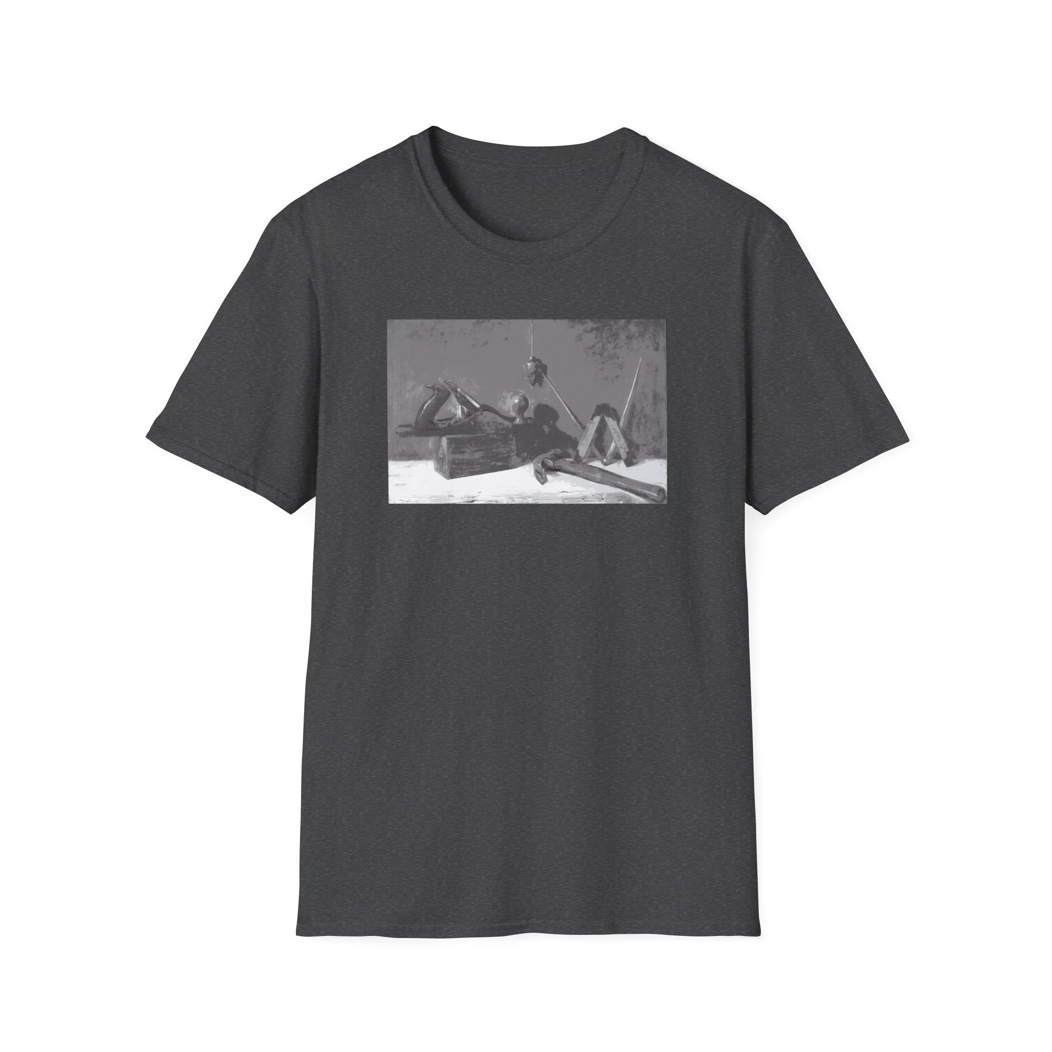 Industrial art grey t-shirt with black and white tool composition
