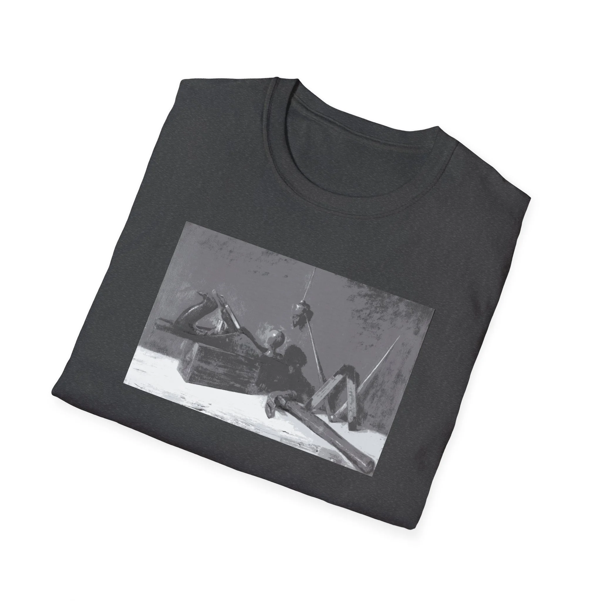 Industrial art grey t-shirt with black and white tool composition