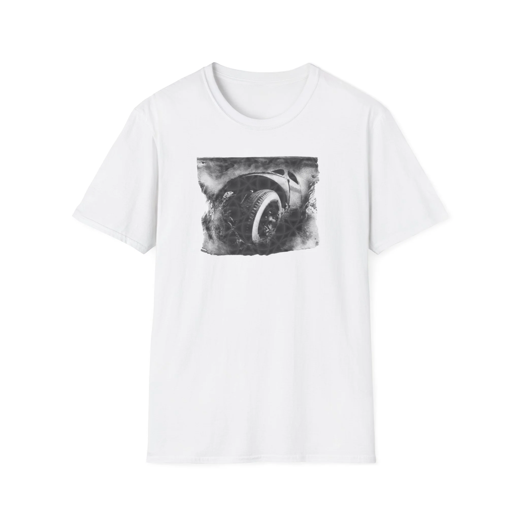 Black and white industrial wheel photography graphic printed on white t-shirt