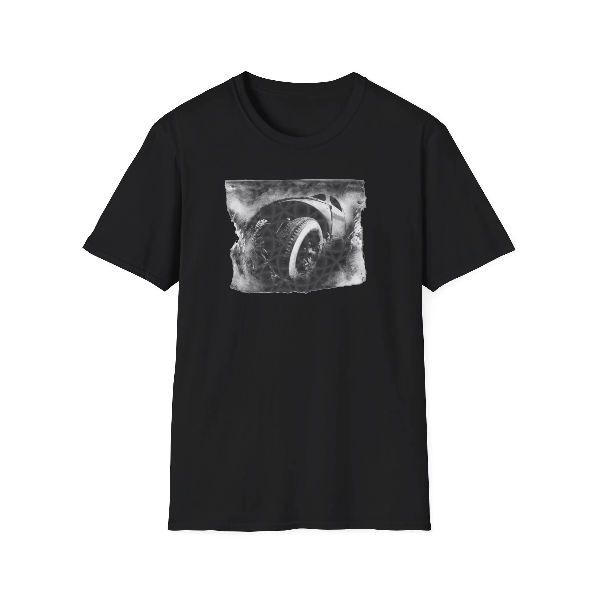 Monochrome automotive wheel art graphic on black t-shirt