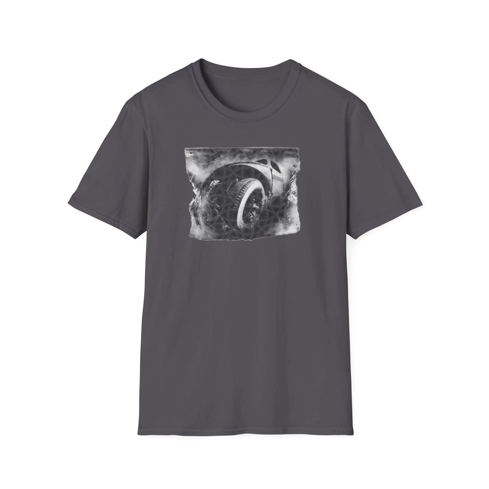 Minimalist black and white car wheel design printed on grey t-shirt