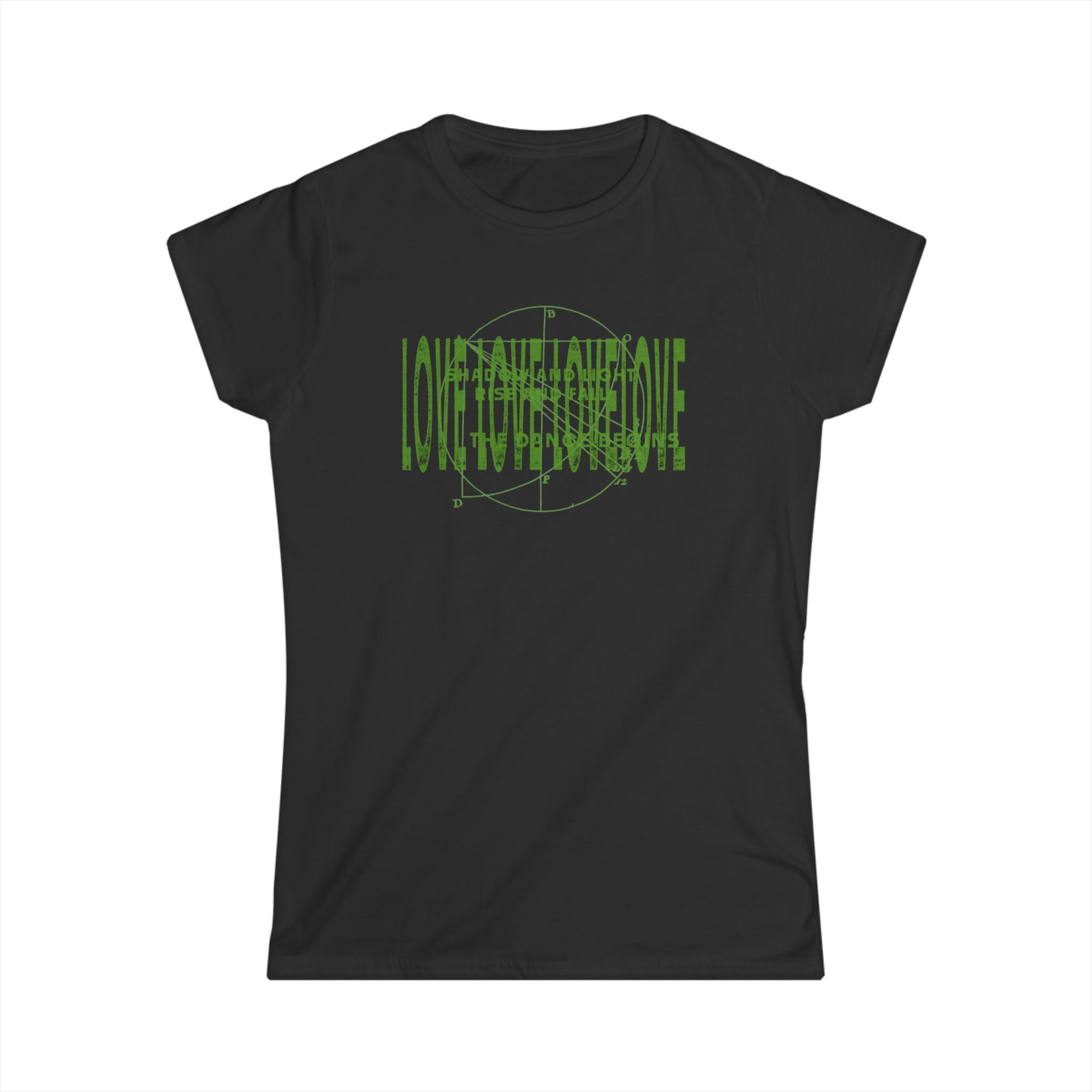 Black t-shirt featuring green geometric typography graphic reading “Love" with circular motion design.
