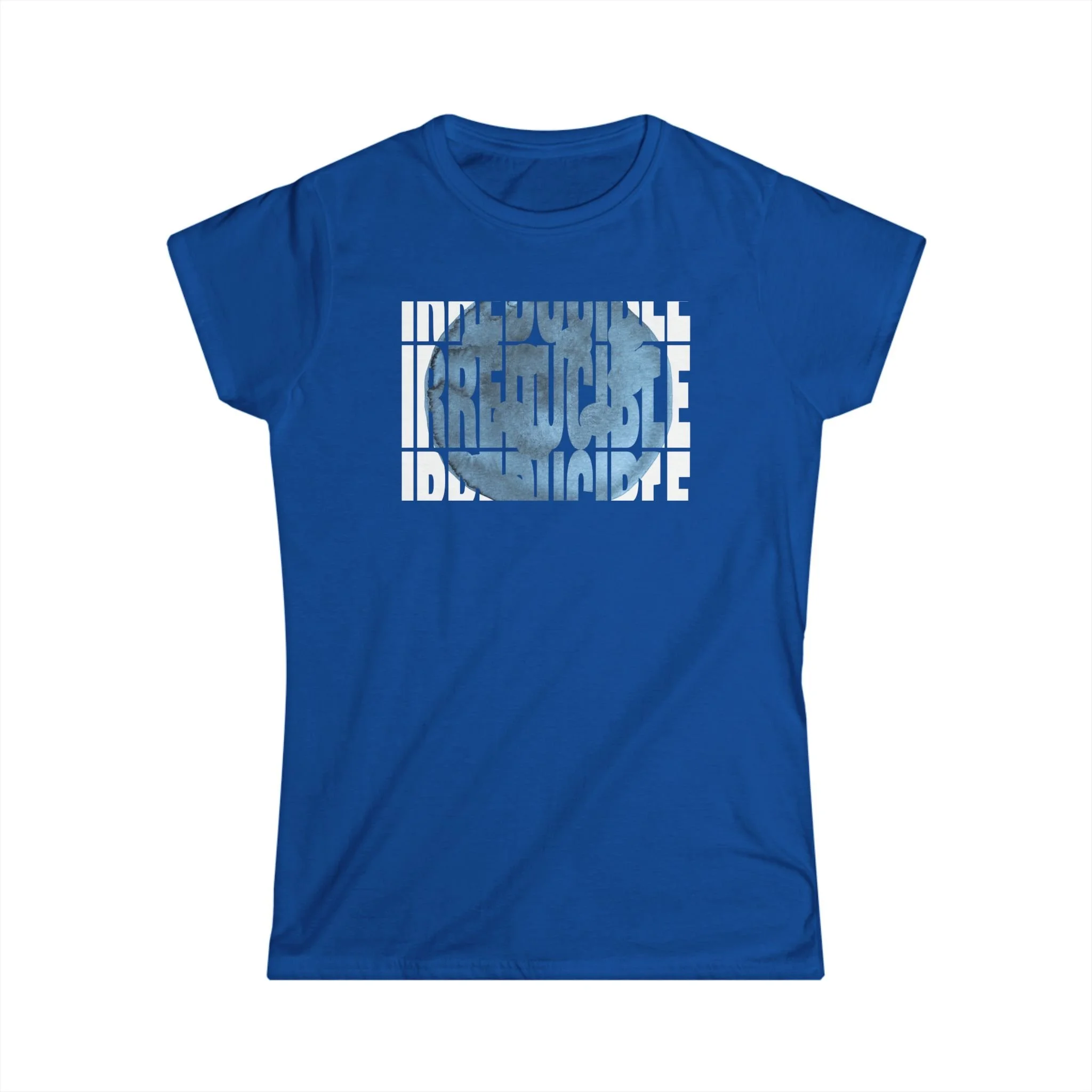 Royal blue t-shirt of fragmented block typography for a bold, architectural look