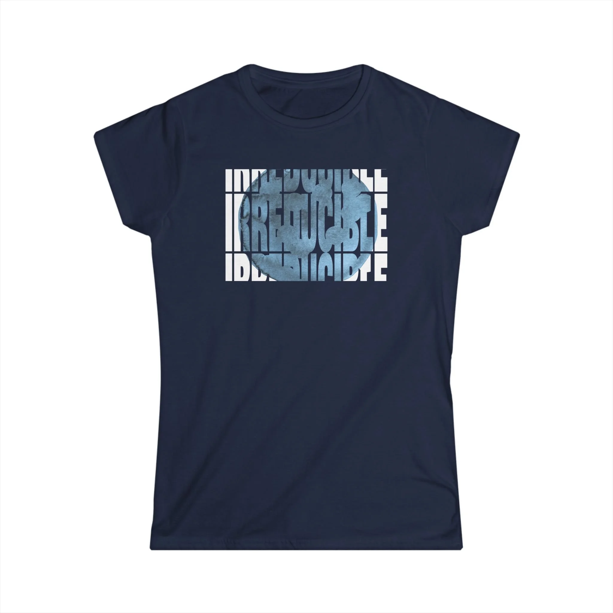 Navy t-shirt of fragmented block typography for a bold, architectural look