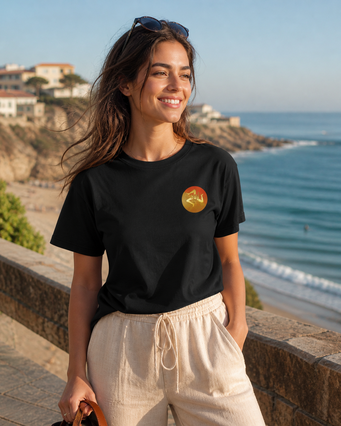 Female model wearing minimalist, premium left-chest emblem black t-shirt