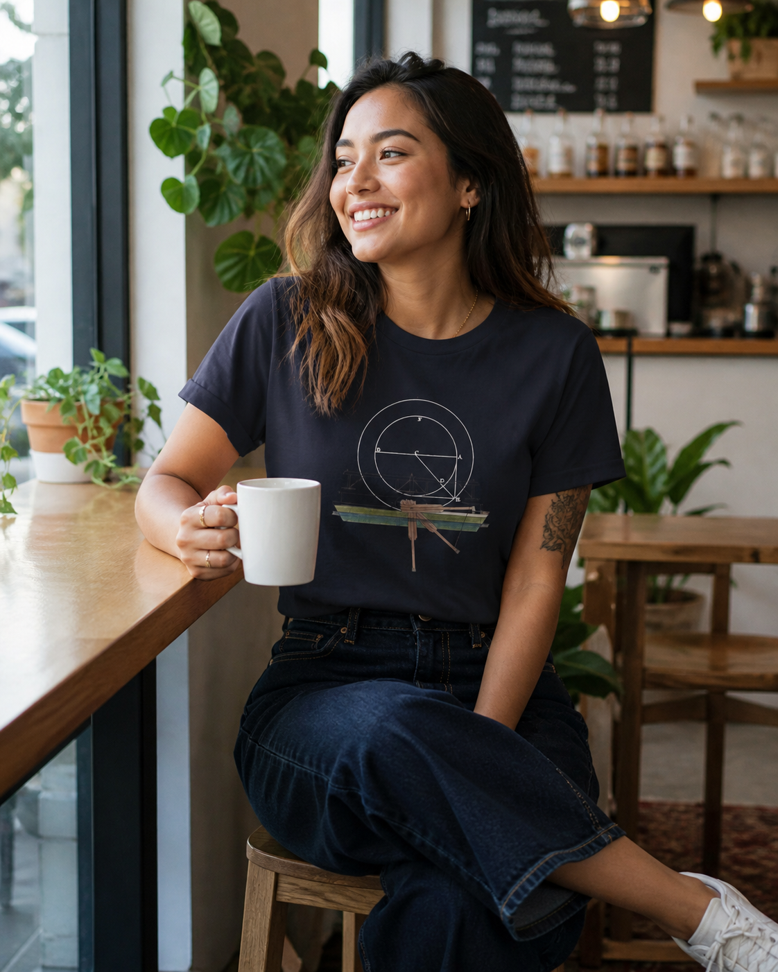 female model wearing geometric blueprint dark grey t-shirt