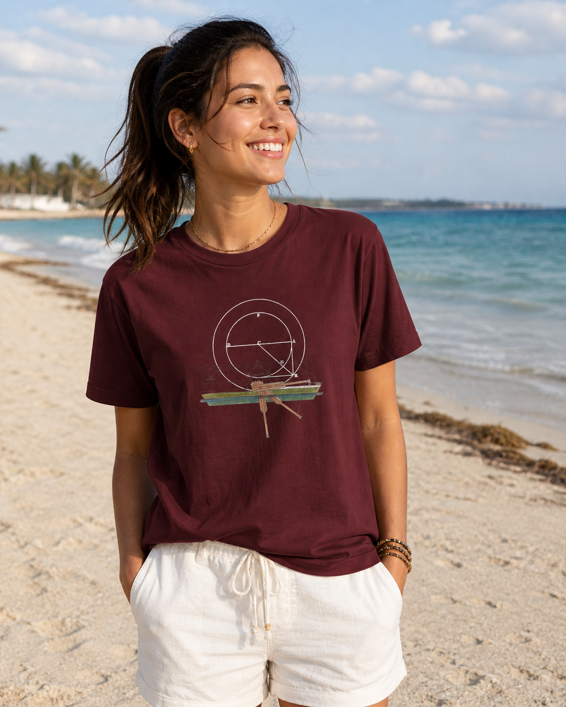 female model wearing geometric blueprint maroon t-shirt