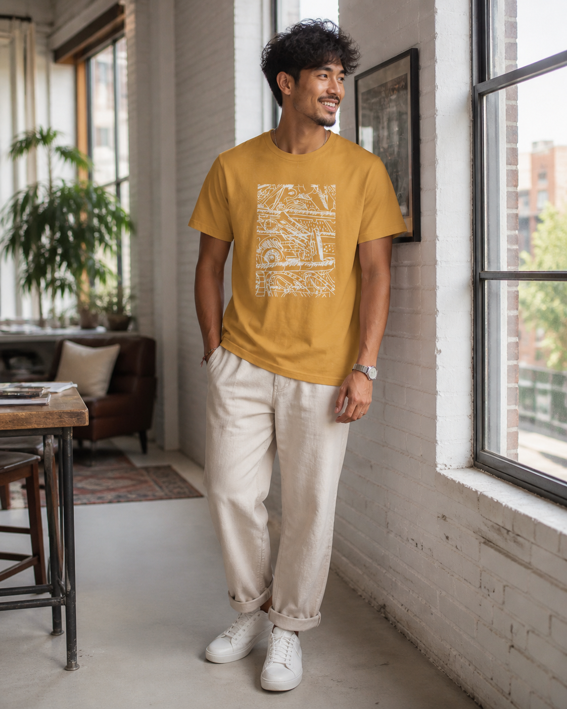 Male model wearing a mustard yellow t-shirt featuring a white abstract design. The graphic is a complex arrangement of lines, shapes, and numbers.