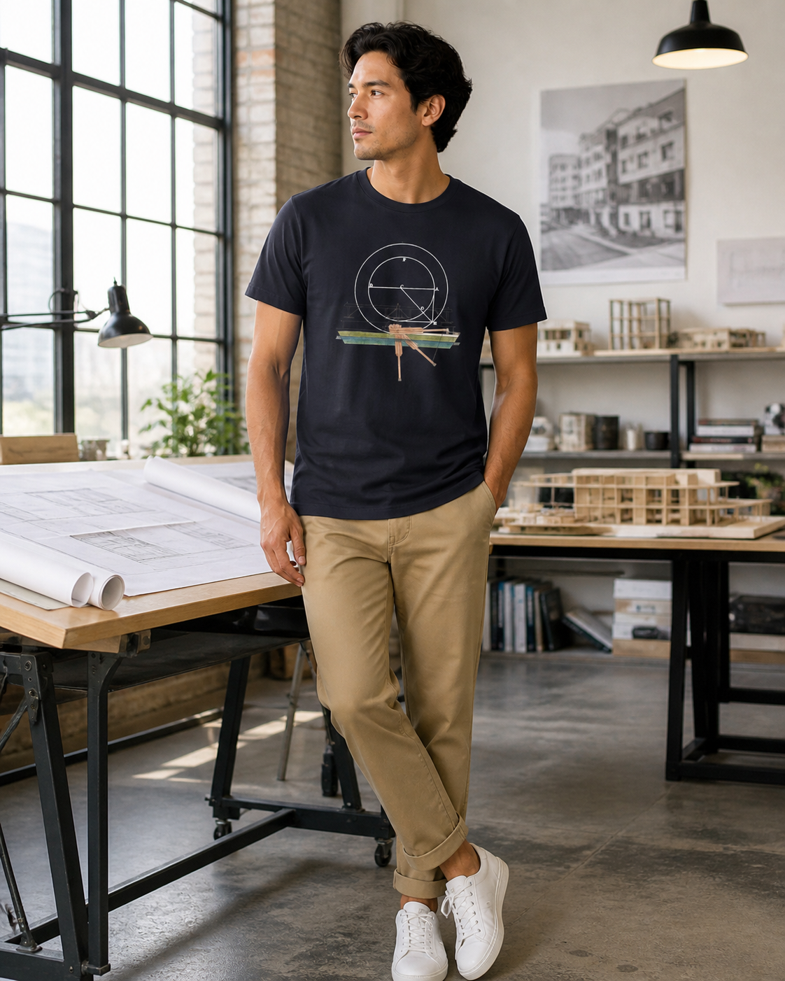 male model wearing geometric blueprint dark grey t-shirt
