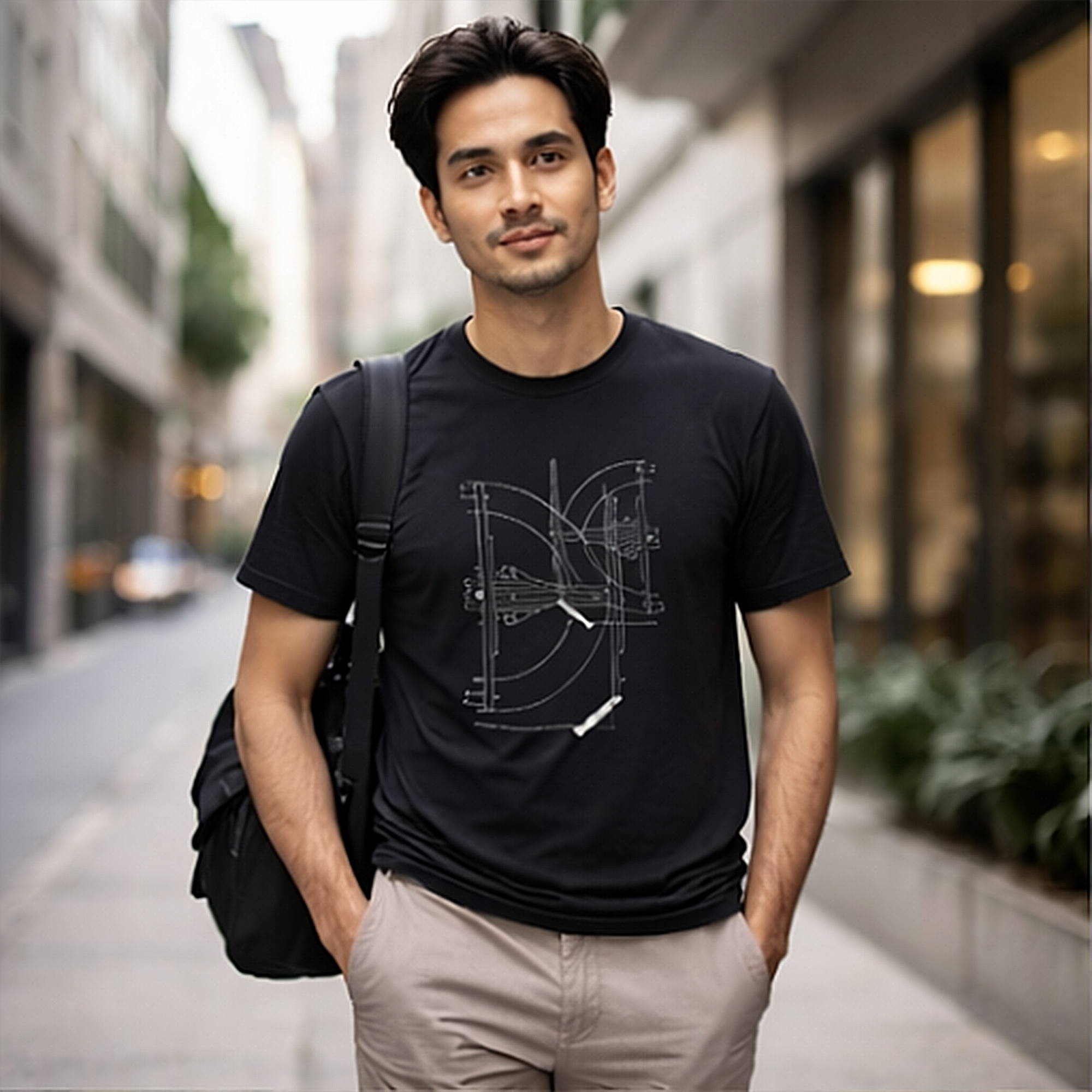 Black t-shirt featuring minimalist white architectural blueprint line art