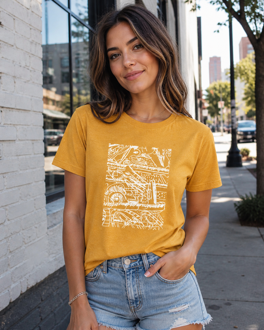 Female model wearing a mustard yellow t-shirt featuring a white abstract design. The graphic is a complex arrangement of lines, shapes, and numbers.