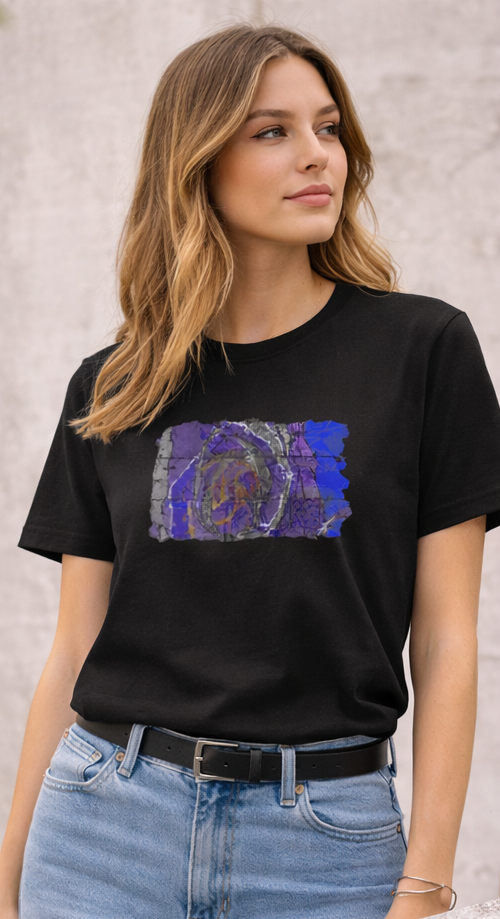 female model wearing black t-shirt of vivid shades of purple, blue, gold, and charcoal abstract art