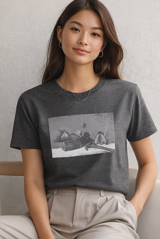 Female model wearing industrial art grey t-shirt with black and white tool composition