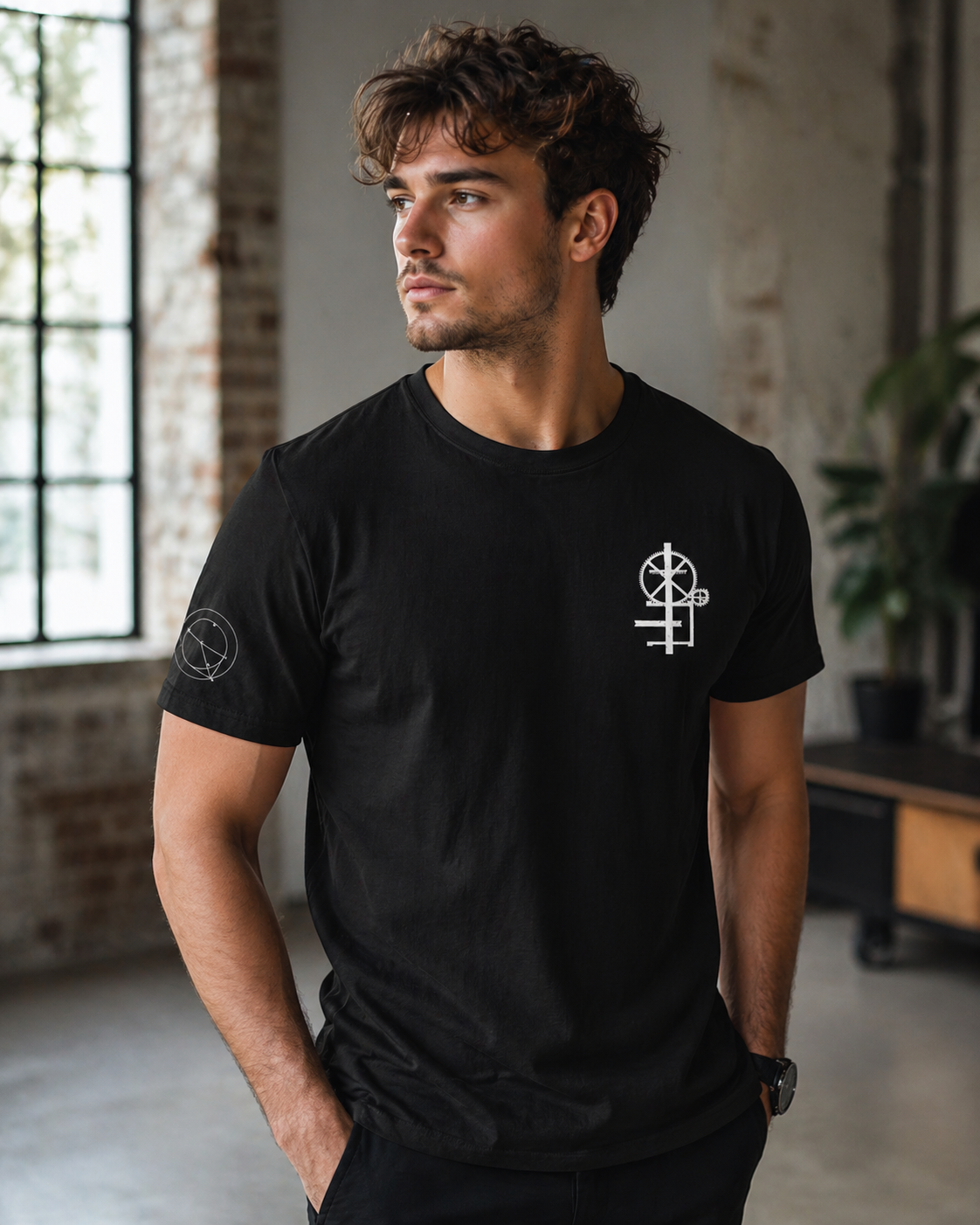 Male model wearing black crew neck t-shirt with a minimal white graphic on the chest. The graphic appears to be a mechanical engineering symbol design.