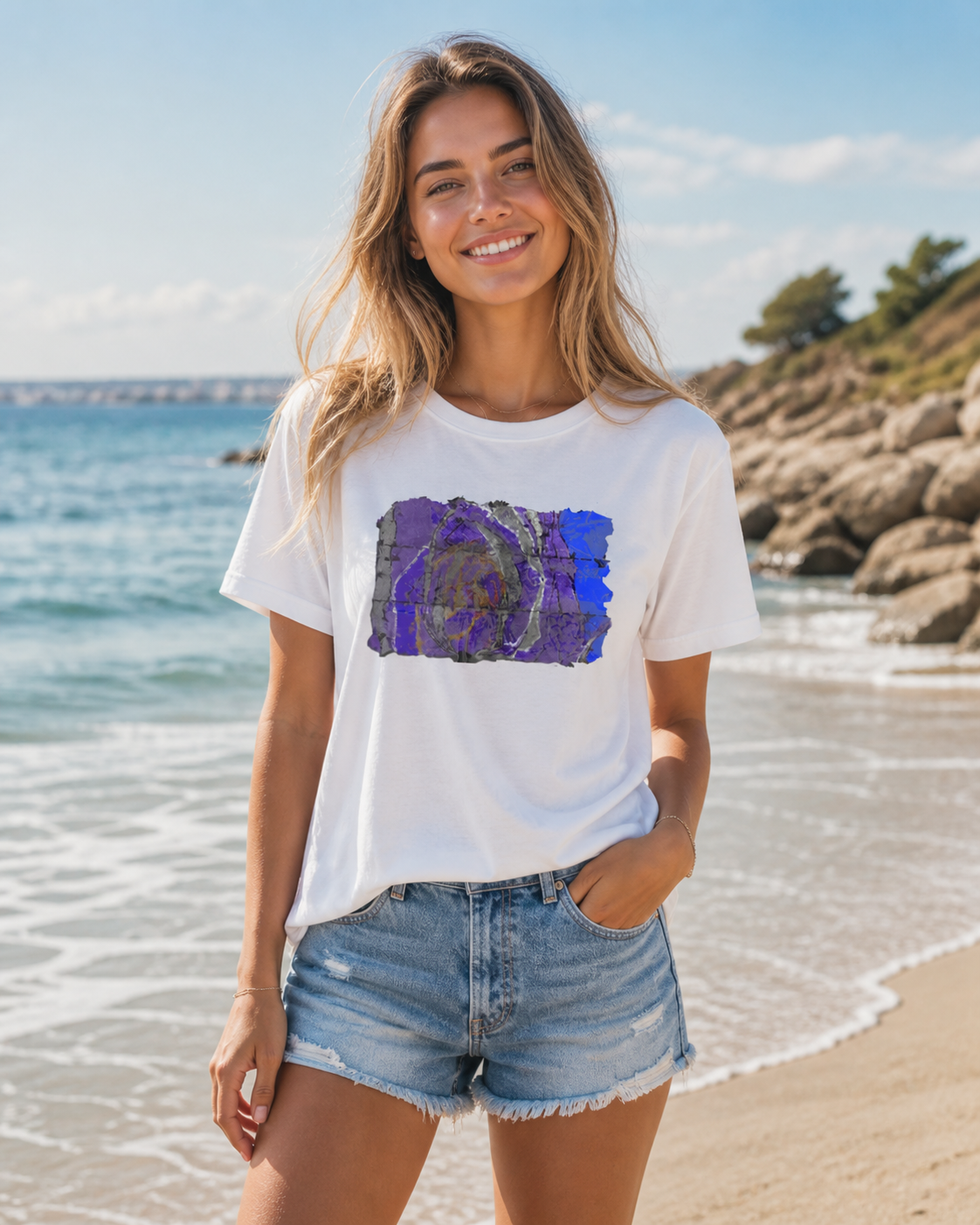 female model wearing white t-shirt of vivid shades of purple, blue, gold, and charcoal abstract art