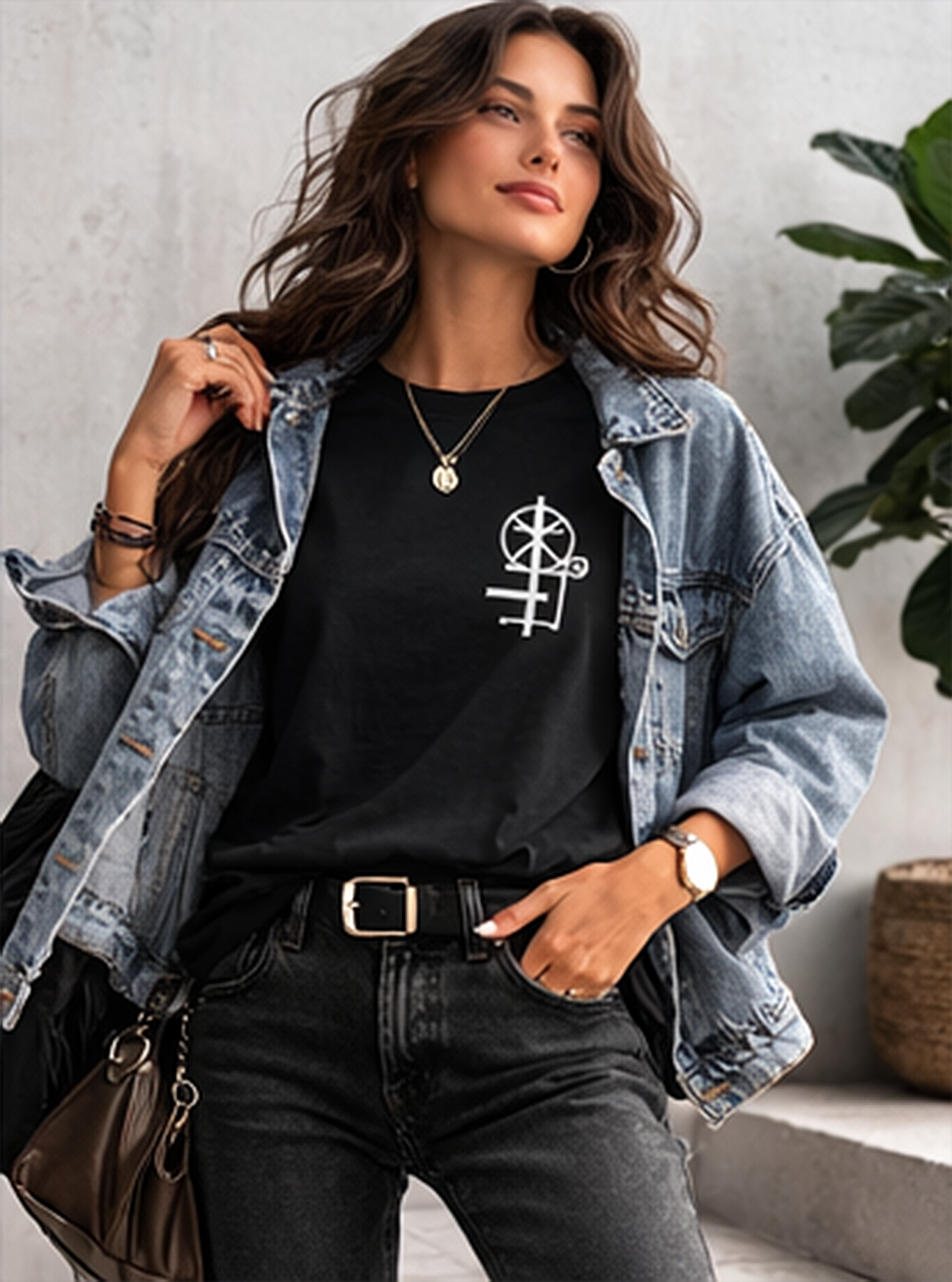 Female model wearing black crew neck t-shirt  with minimal white graphic on the chest. The graphic appears to be a mechanical engineering symbol design.