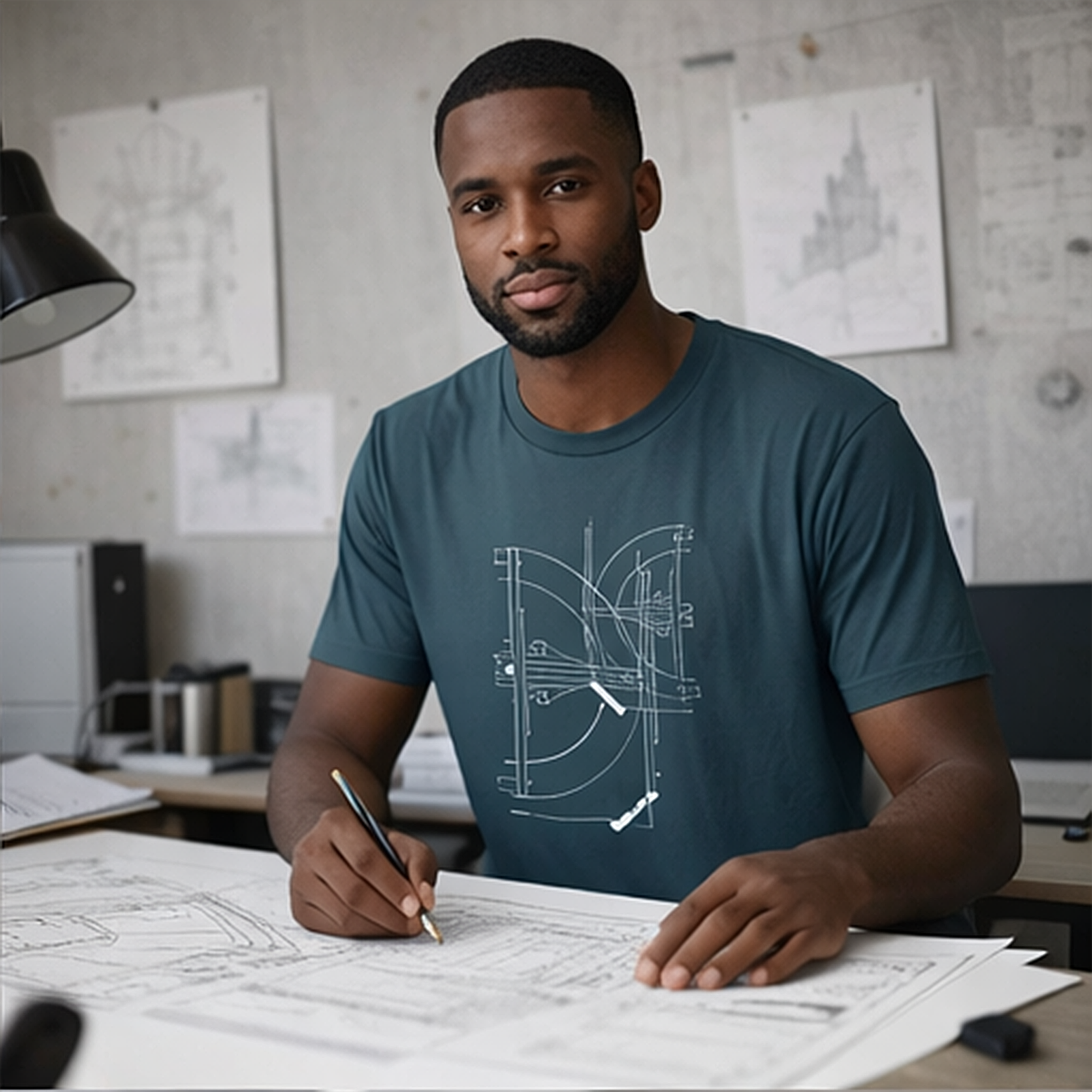 Deep teal t-shirt featuring white structural blueprint line artwork