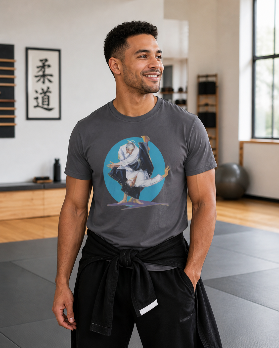 Male model wearing figurative martial art image framed by a bold circular backdrop on grey t-shirt